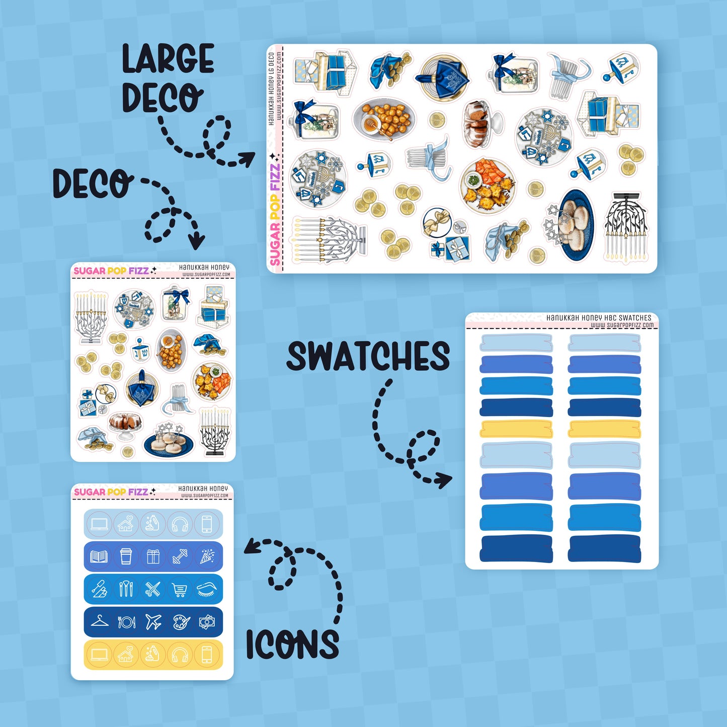 Collection of planner stickers with labels for large deco, swatches, and icons on a blue background.