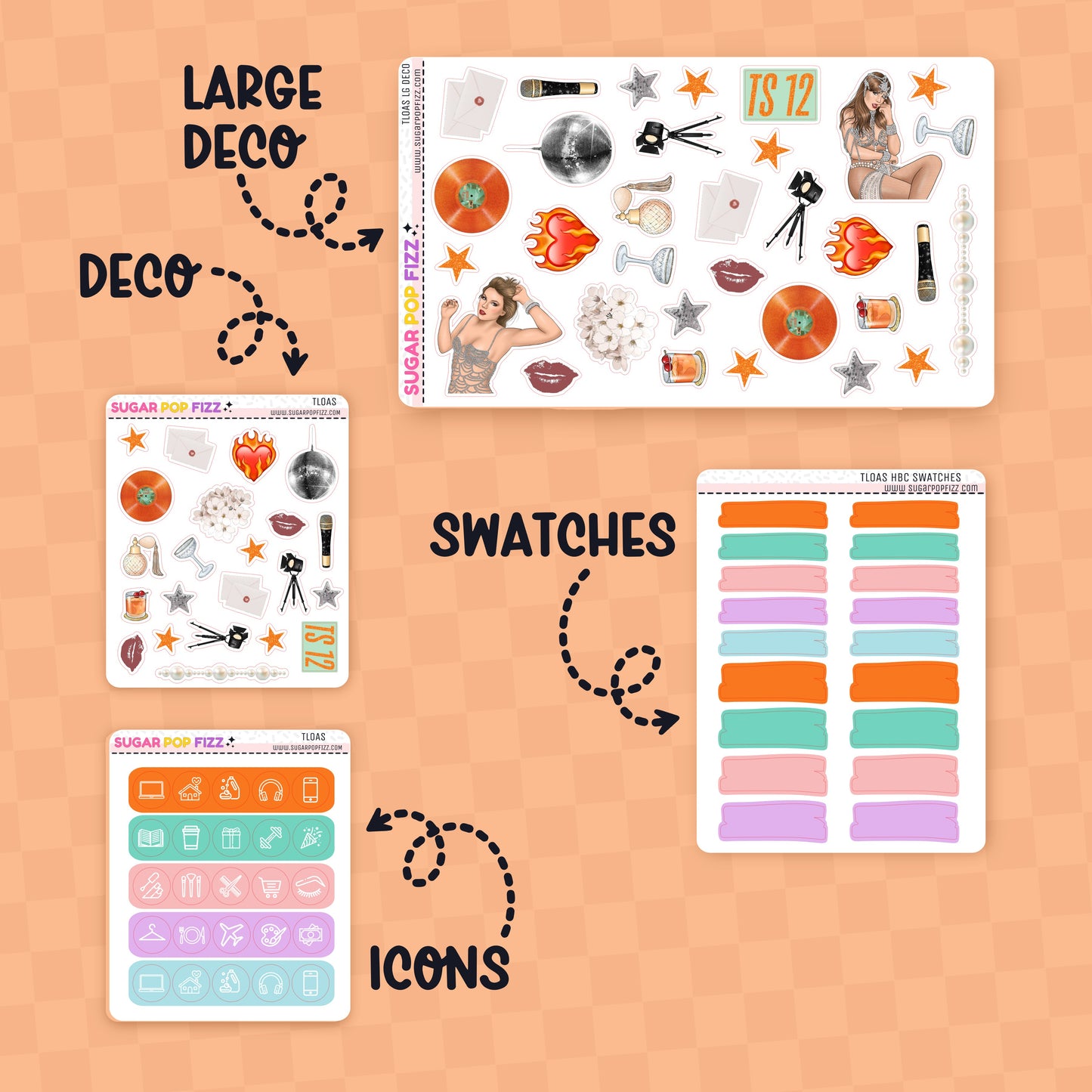 Collection of planner stickers with labels for large deco, swatches, icons on a peach background.