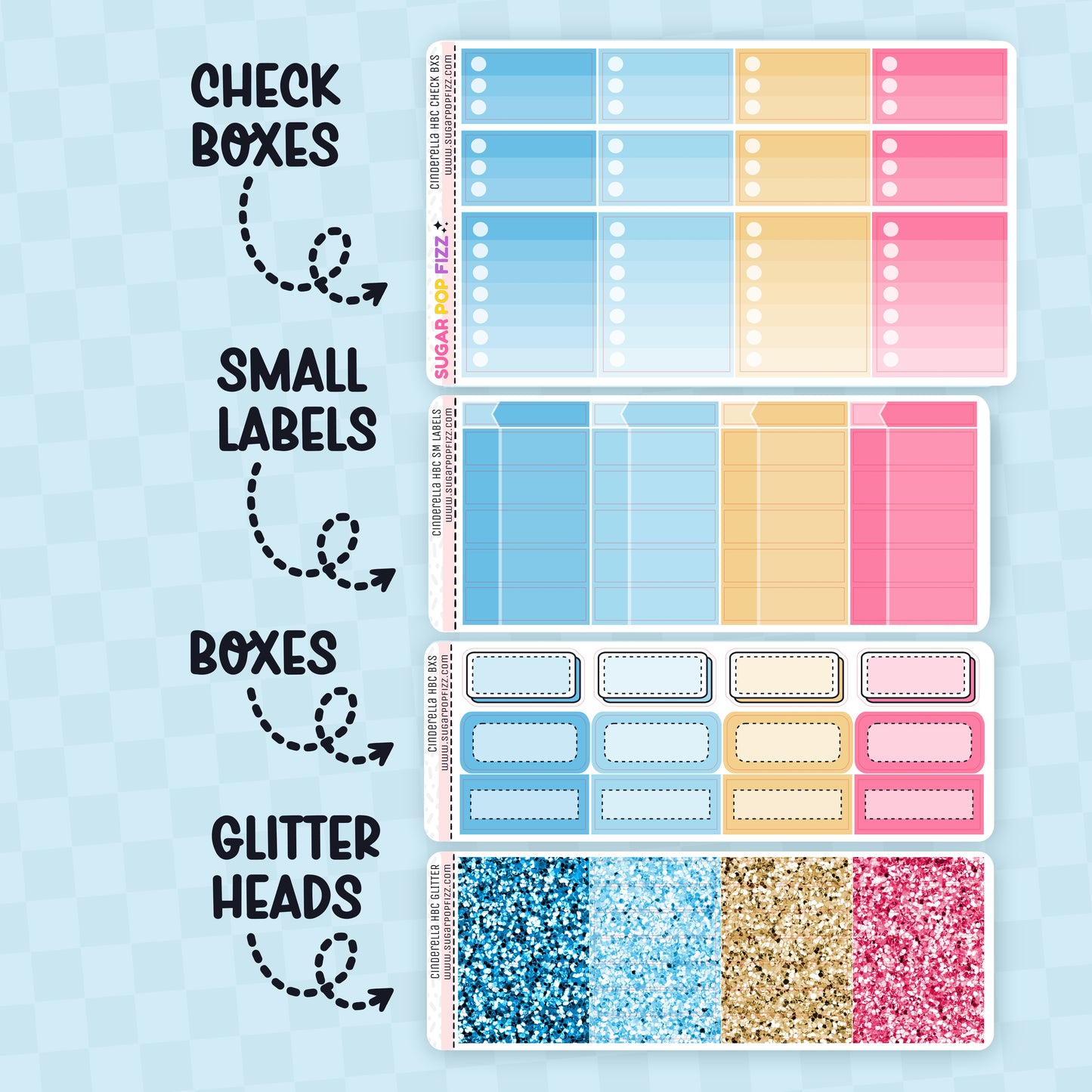Collection of planner stickers with check boxes, small labels, boxes, and glitter headers in blues, yellow and pink on a blue background