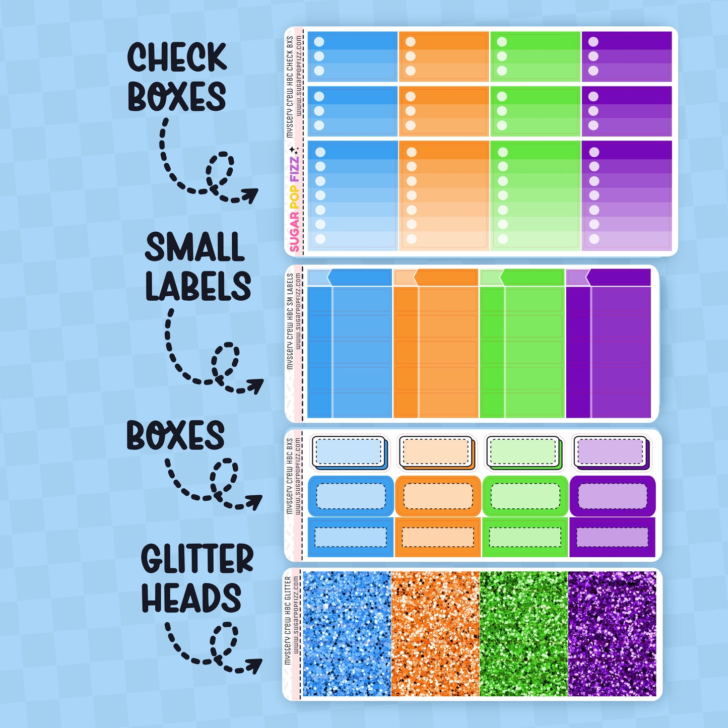 Colorful planner stickers with check boxes, small labels, boxes, and glitter heads on a blue background.
