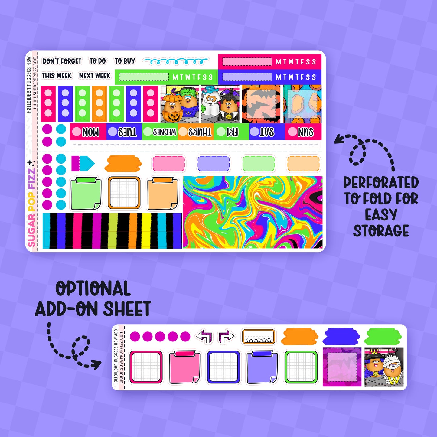 Colorful planner stickers with various designs on a purple background