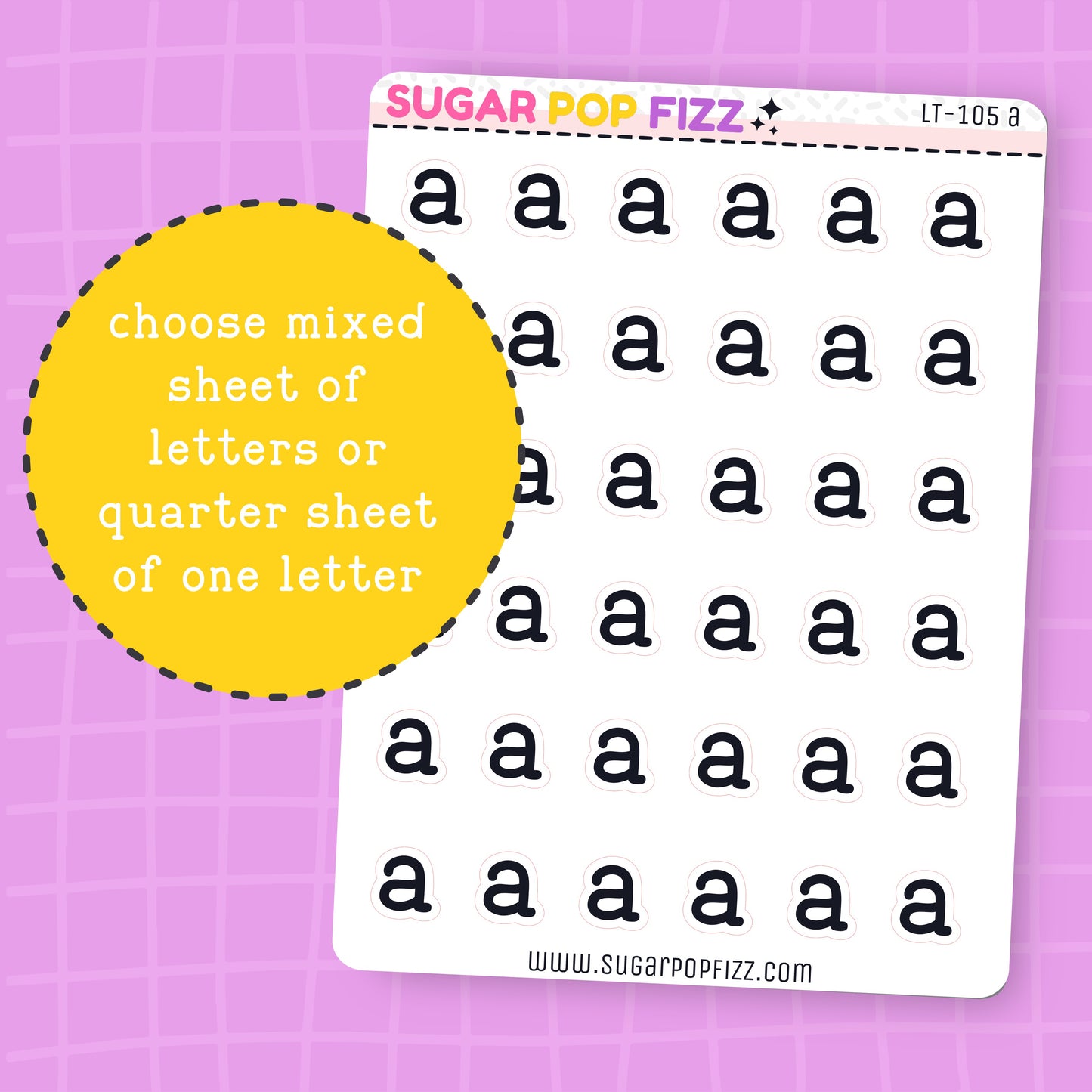 Sheet of black letters on a purple grid background with 'SUGAR POP FIZZ' branding.