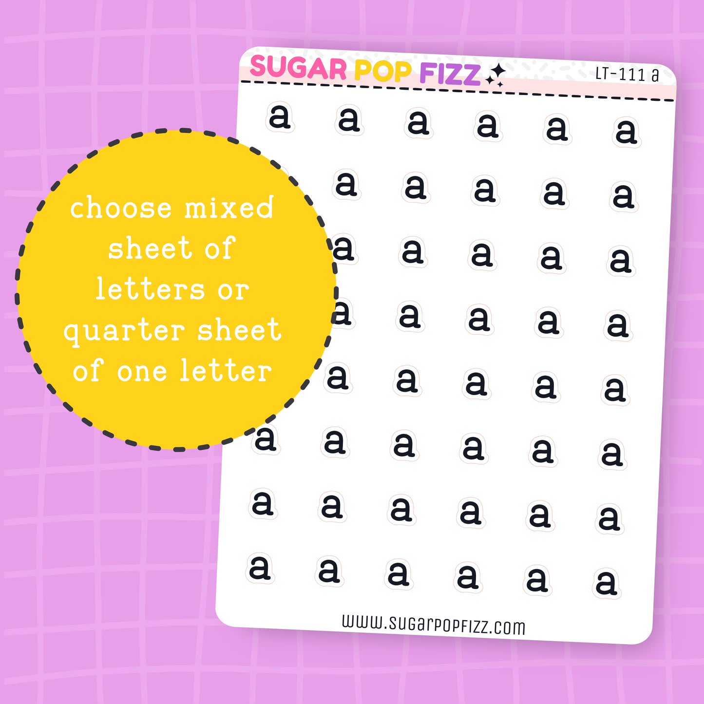 Sheet of letters with a yellow circle and text on a purple grid background