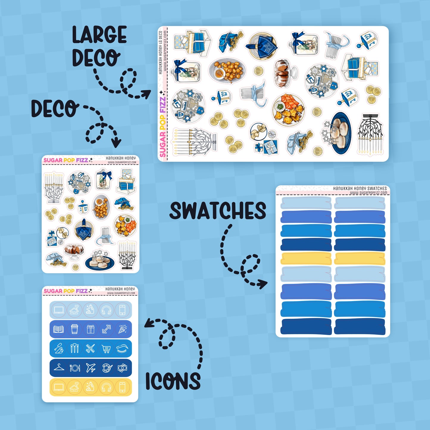 Collection of planner stickers with labels for large deco, swatches, and icons on a blue background.