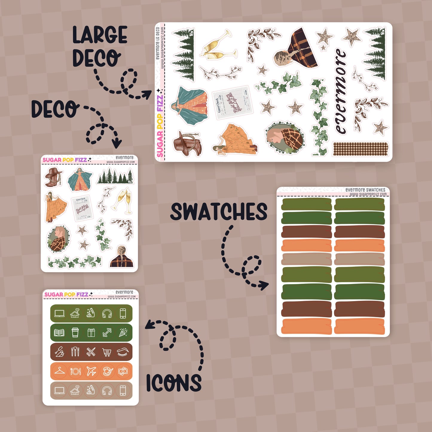 Collection of planner stickers with labels for large deco, deco, swatches, and icons on a brown background themed around taylor swift's evermore album.