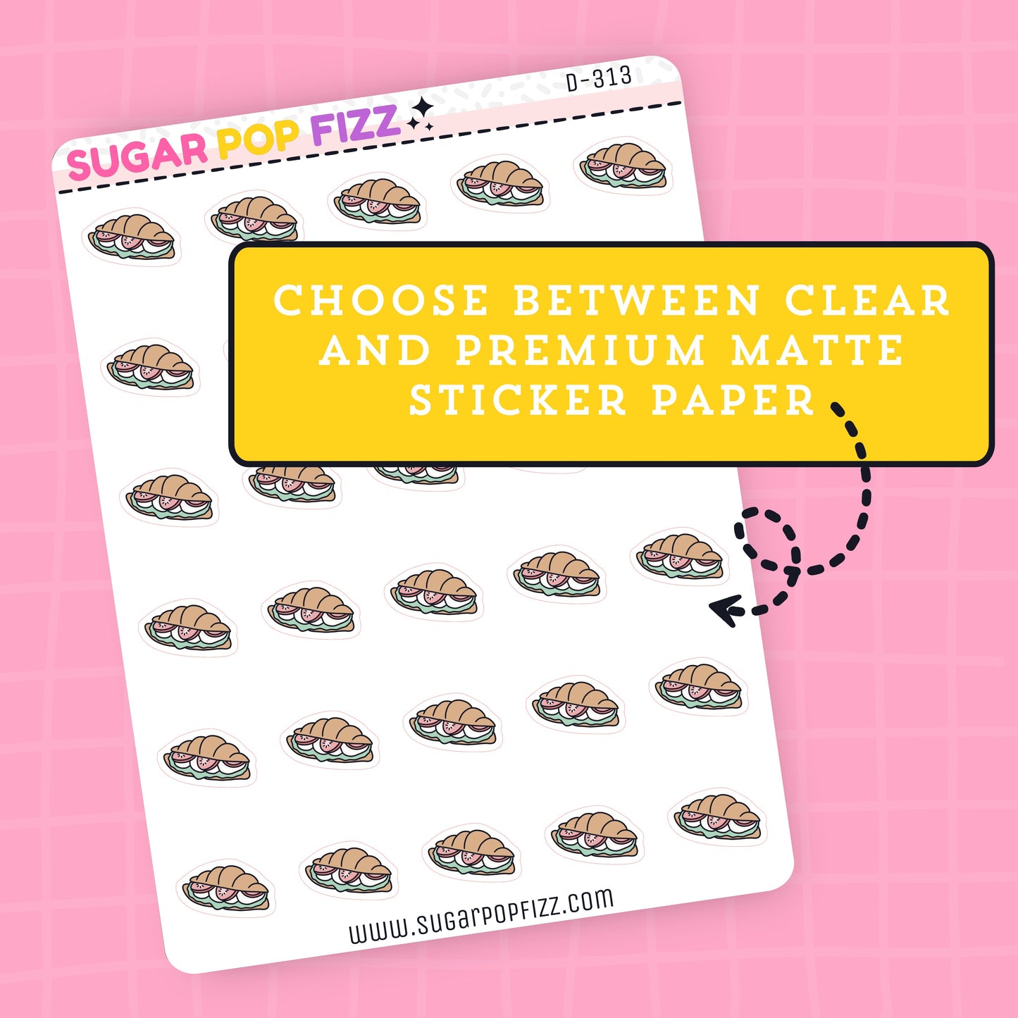 Sheet of croissant stickers with text about clear and premium matte sticker paper on a pink background.