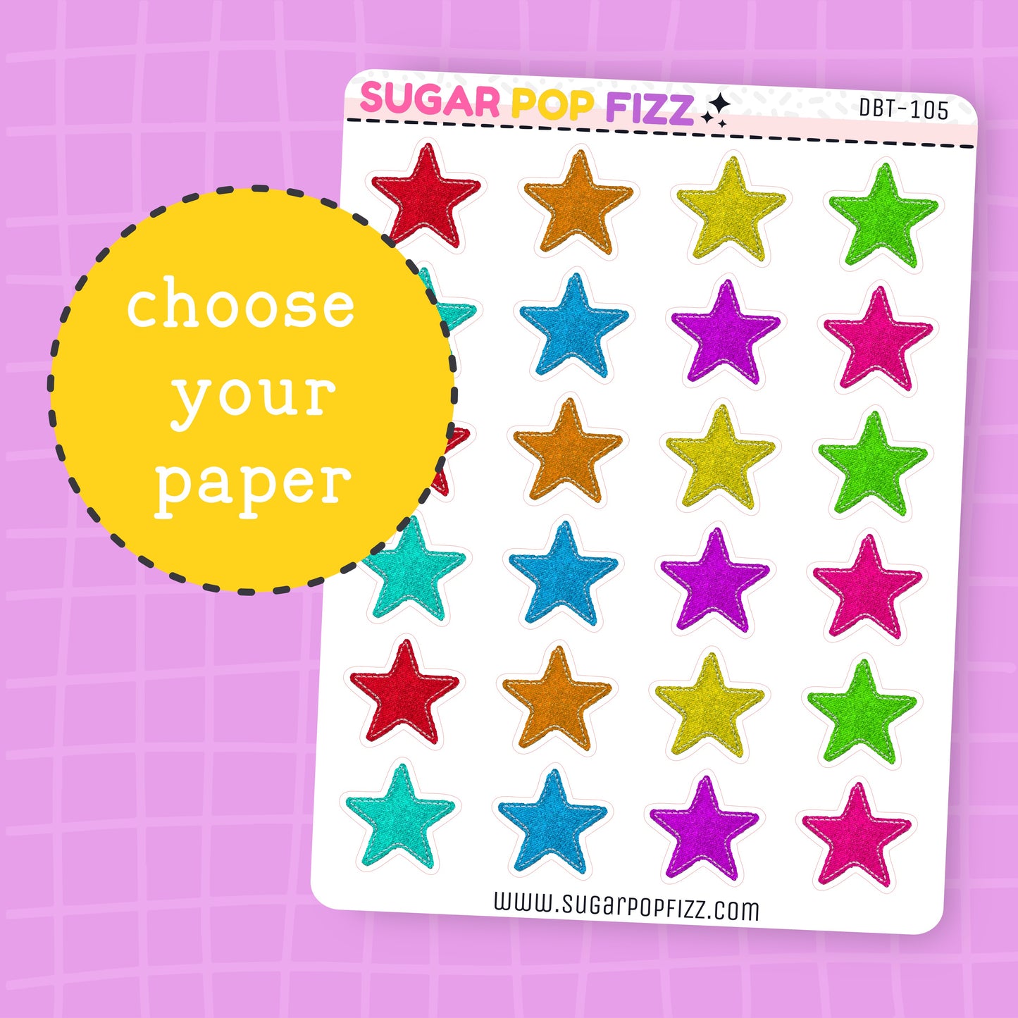 Colorful star-shaped stickers on a sheet with 'Sugar Pop Fizz' branding against a purple grid background.