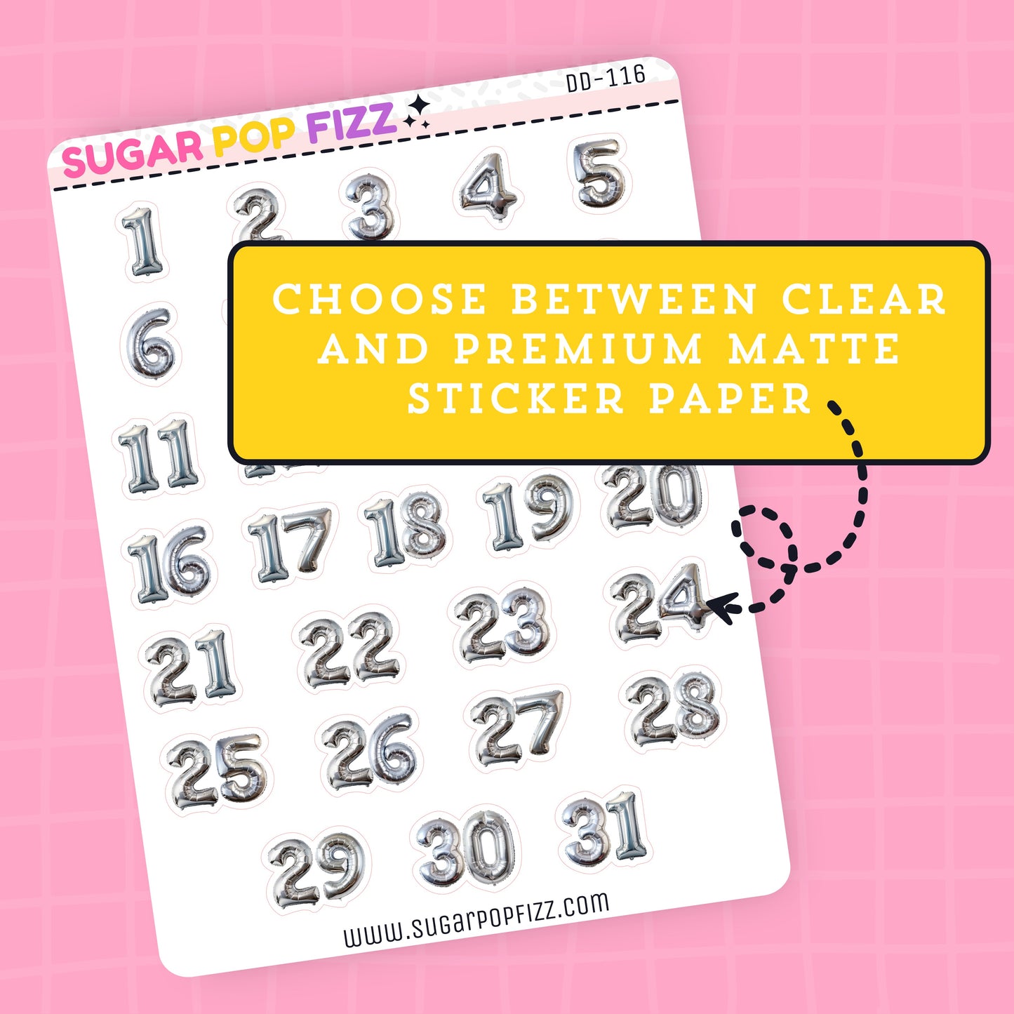 Sticker sheet with numbers on a pink background, with text that states "choose between clear and premium matte paper".