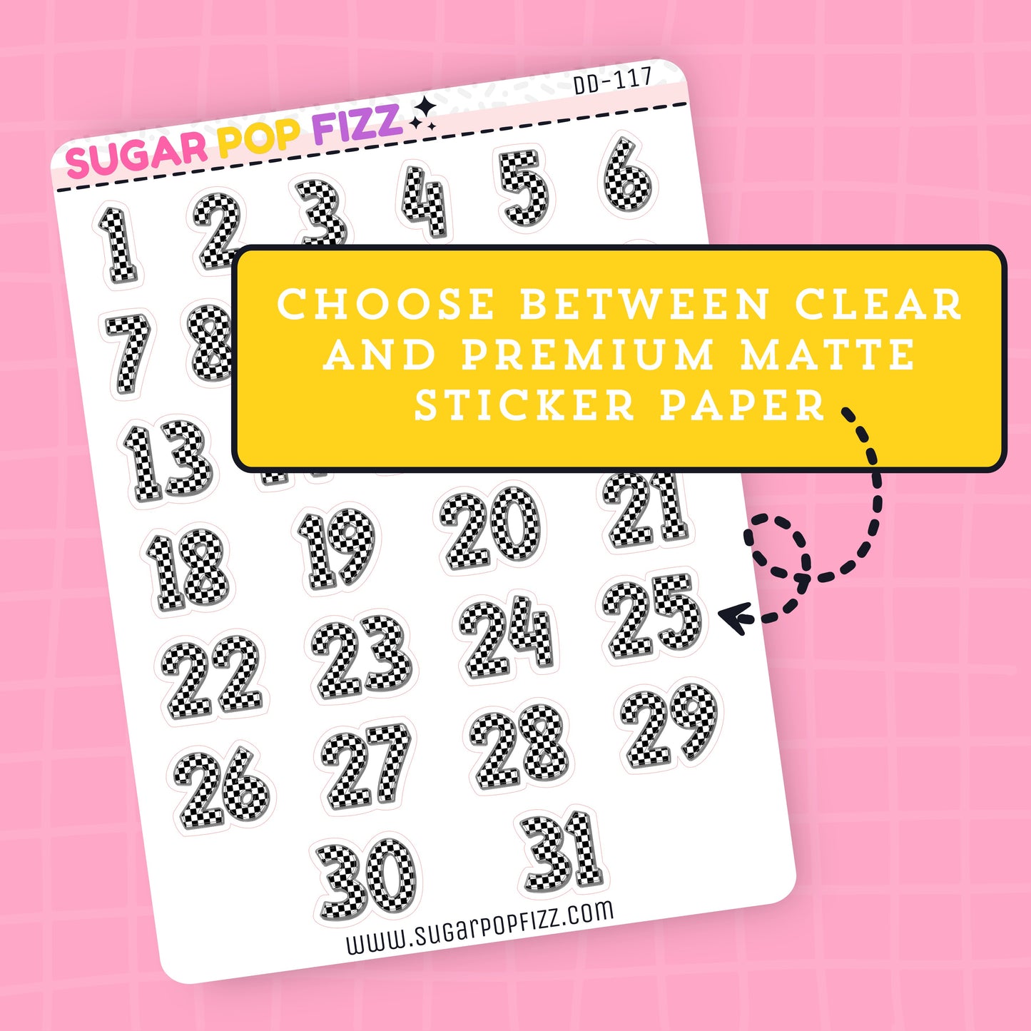 Sheet of numbers with a pink background andwithween clear and premium matte paper"