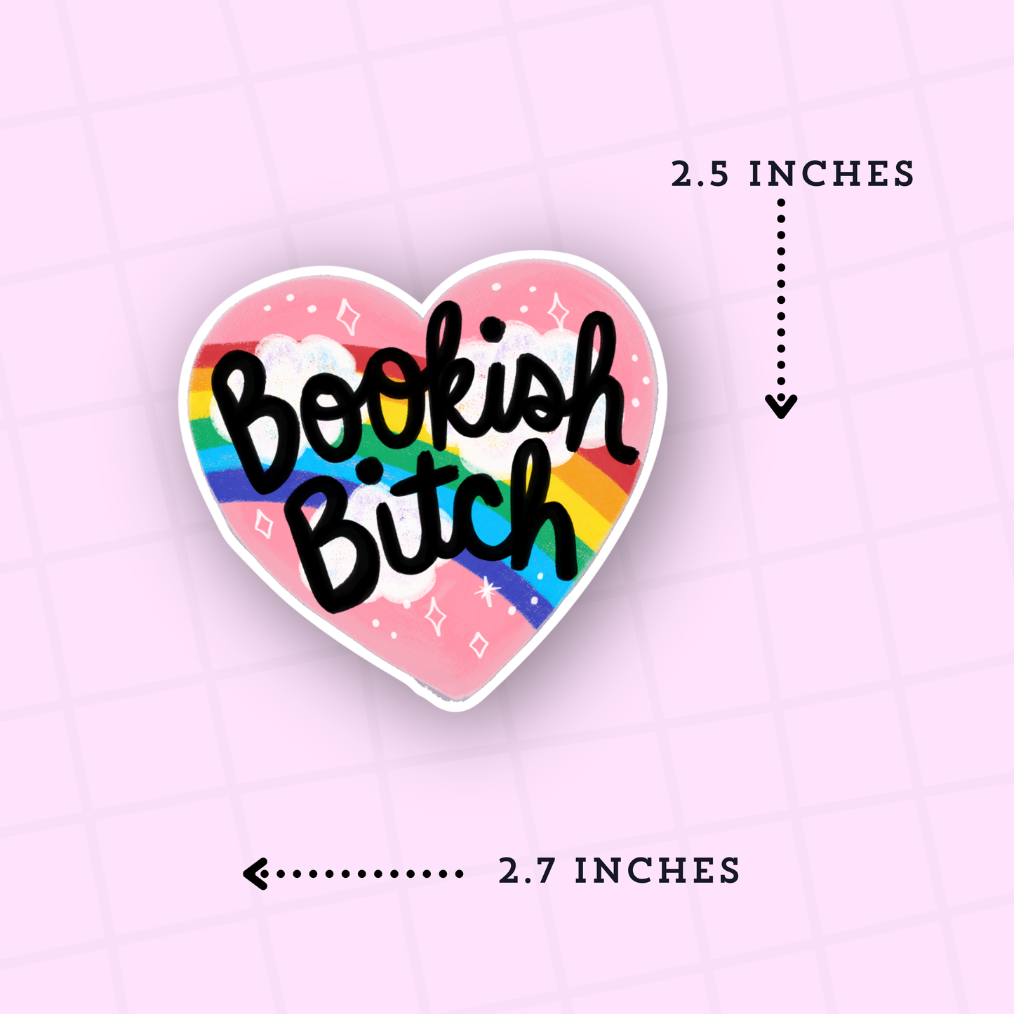 Heart-shaped sticker with 'Bookish Bitch' text on a pink background