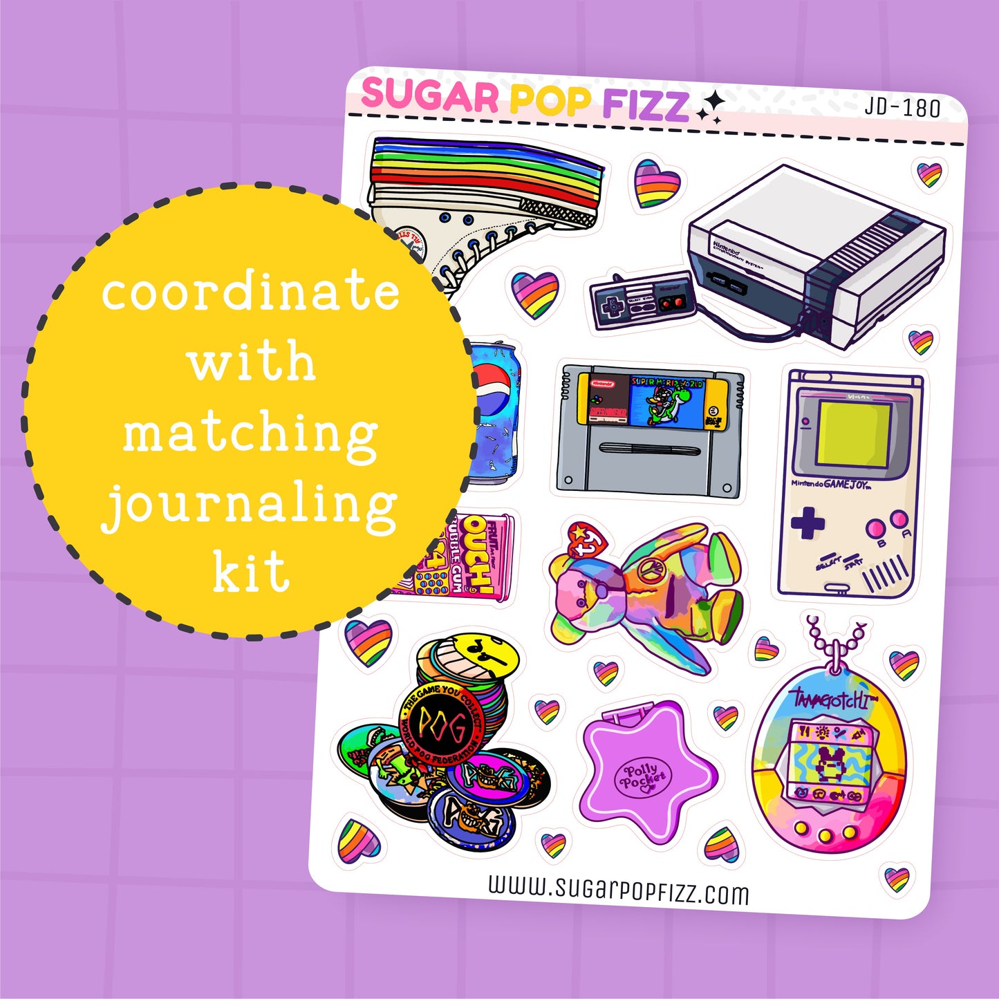 Sticker sheet with retro-themed designs on a purple background, featuring the brand 'Sugar Pop Fizz'.