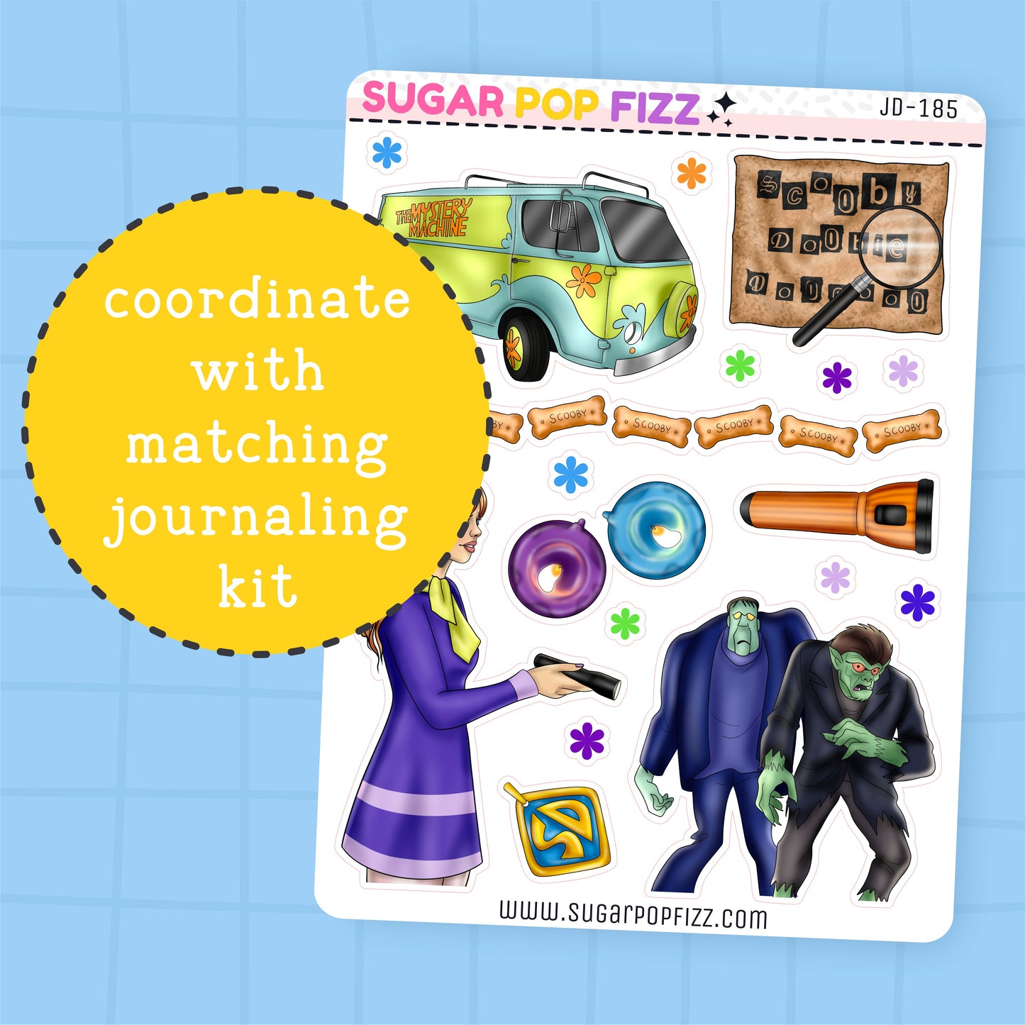 Sticker sheet from Sugar Pop Fizz with a van, people, and various items on a blue grid background.