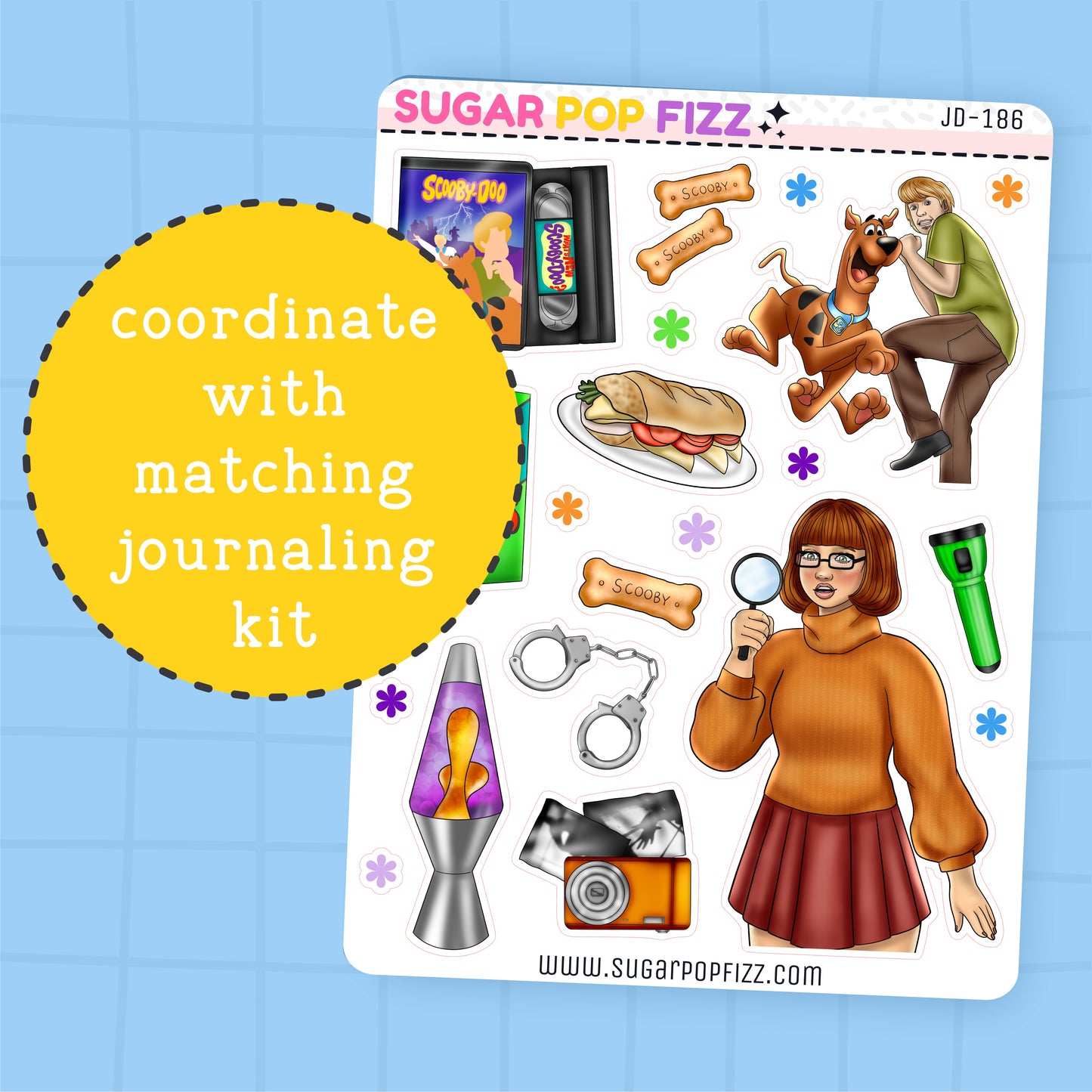 Sticker sheet with various illustrations and text on a blue grid background