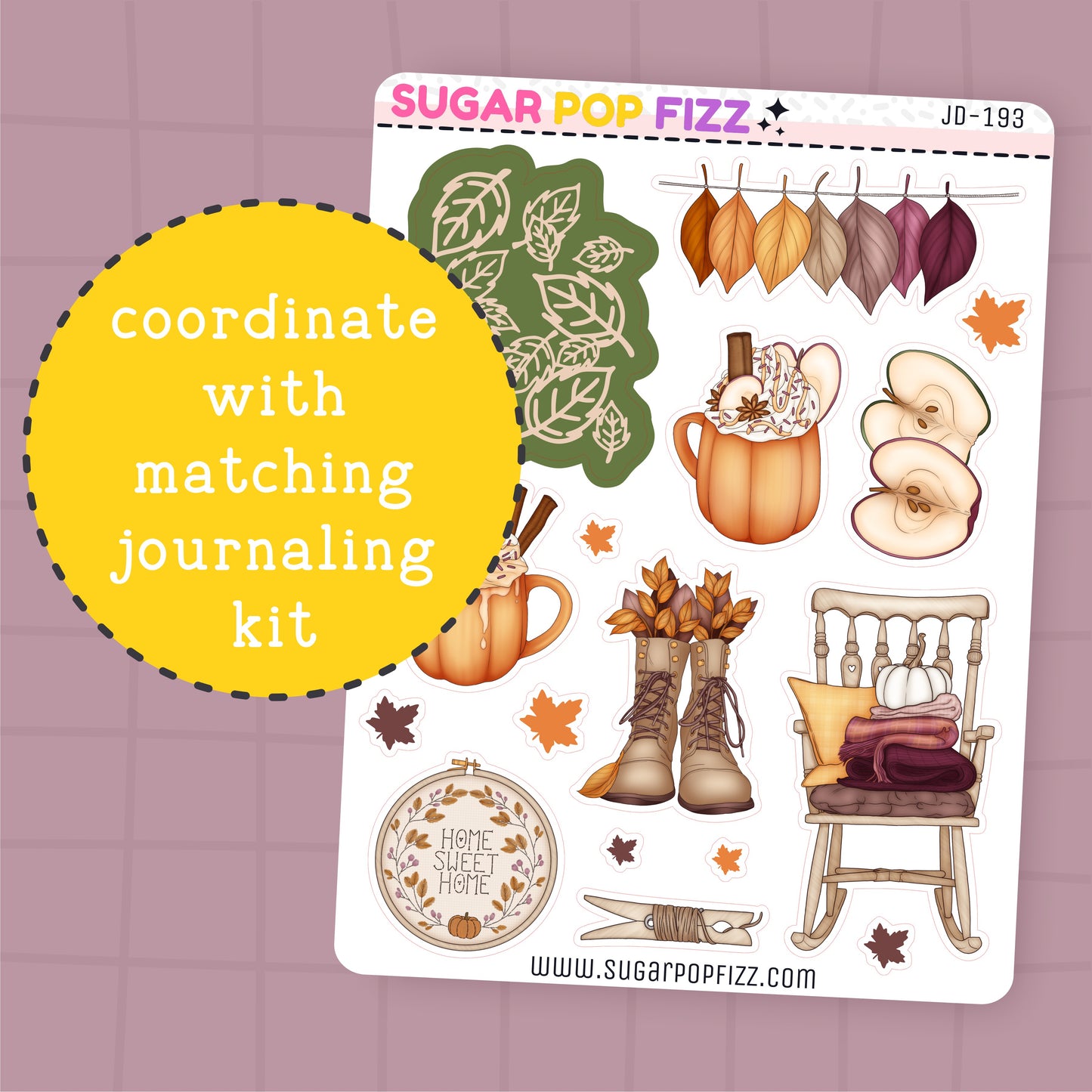 Sticker sheet with autumn-themed designs on a purple grid background