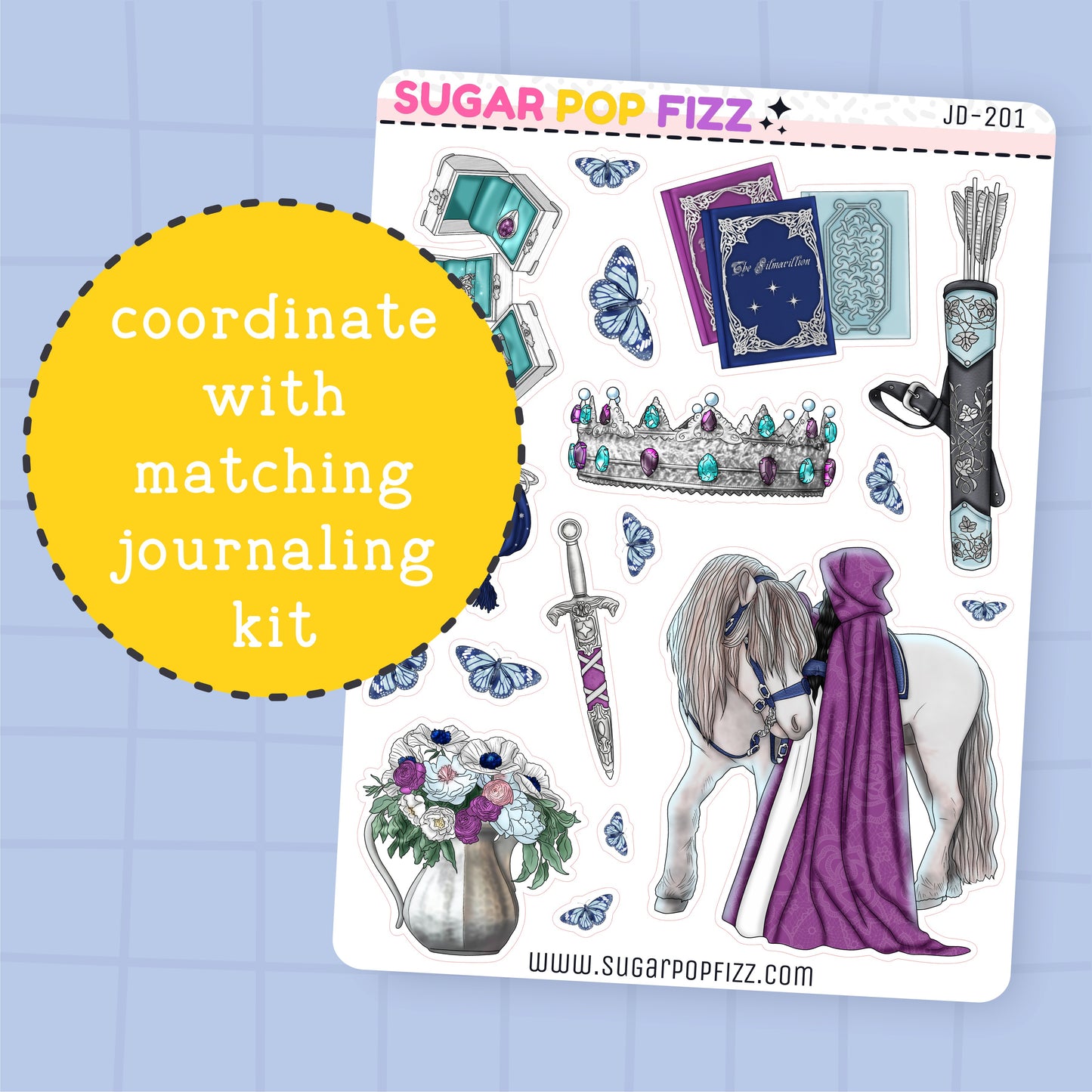 Sticker sheet from Sugar Pop Fizz with various designs on a blue grid background