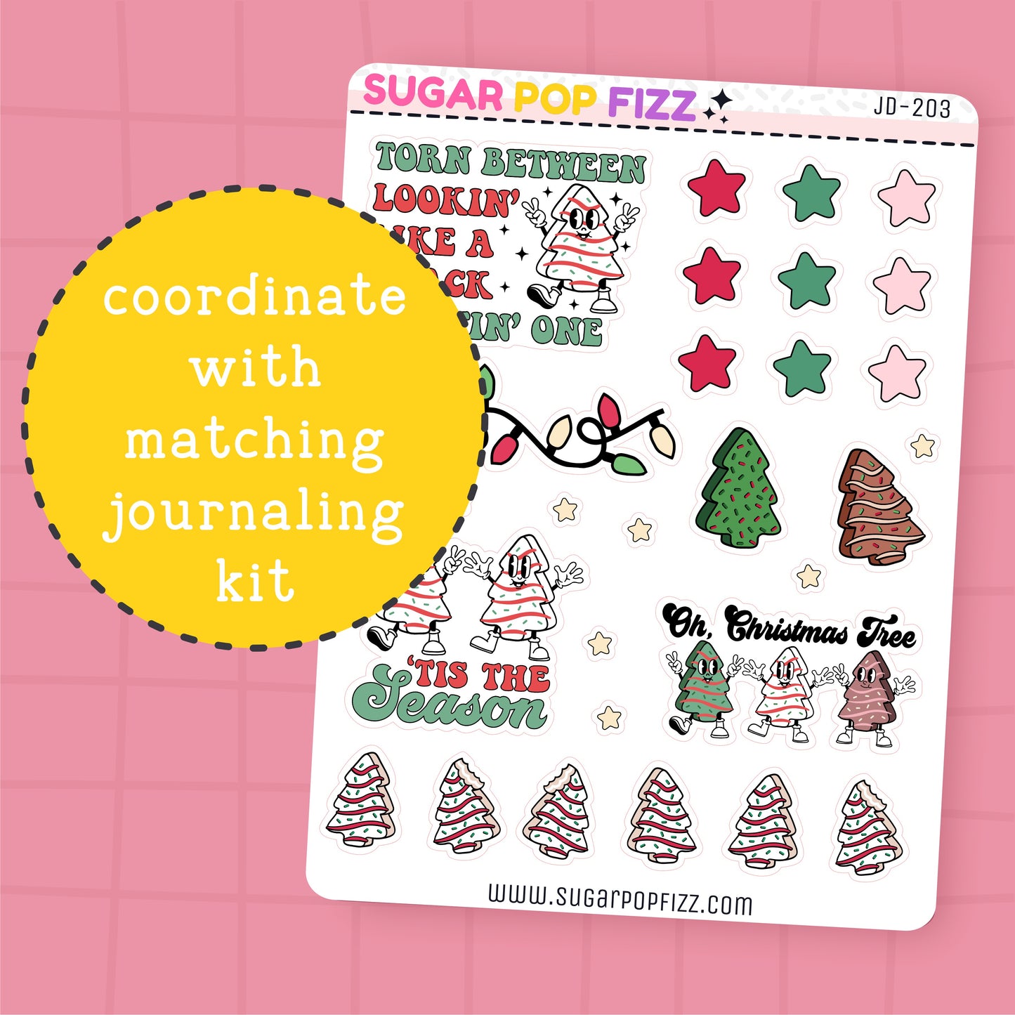 Sheet of Christmas-themed stickers with journaling text on a pink grid background