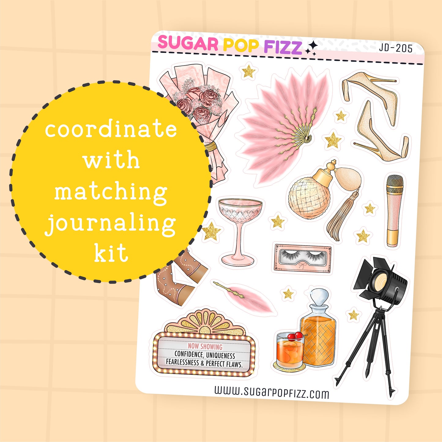 Sticker sheet from Sugar Pop Fizz with various illustrations on a beige background