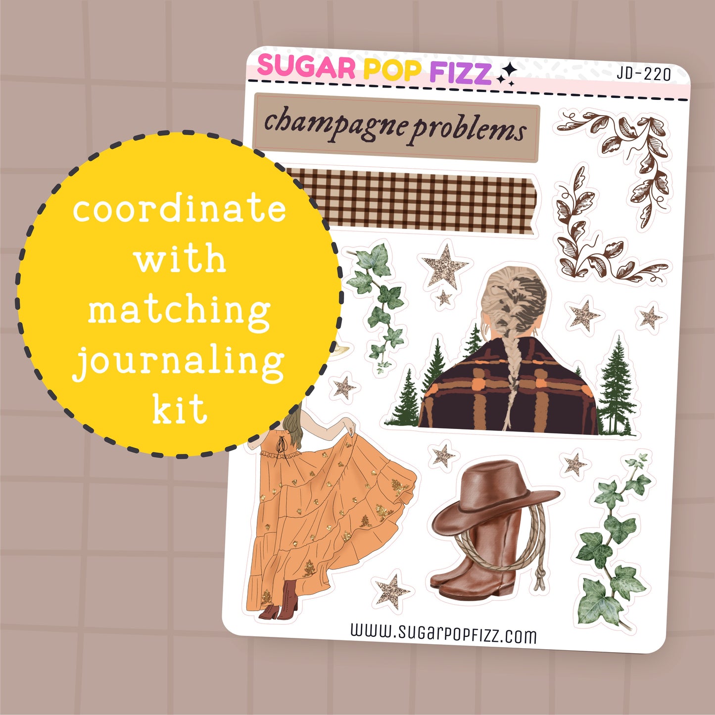 Sticker sheet with illustrations and text themed around taylor swift's evermore album on a brown background, there is a yellow circle with text that reads " coordinate with matching journaling kit"