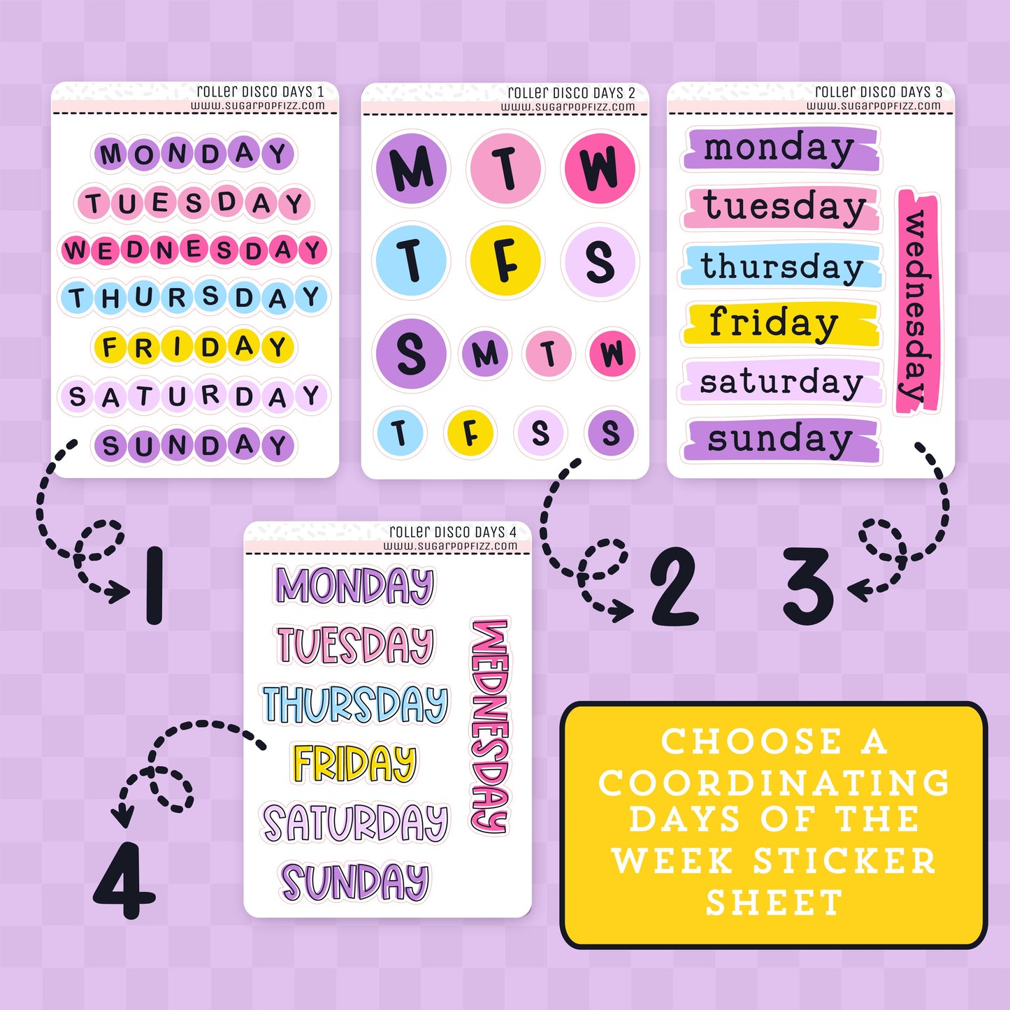 Set of days of the week stickers on a purple background with text 'Choose a coordinating days of the week sticker sheet'.