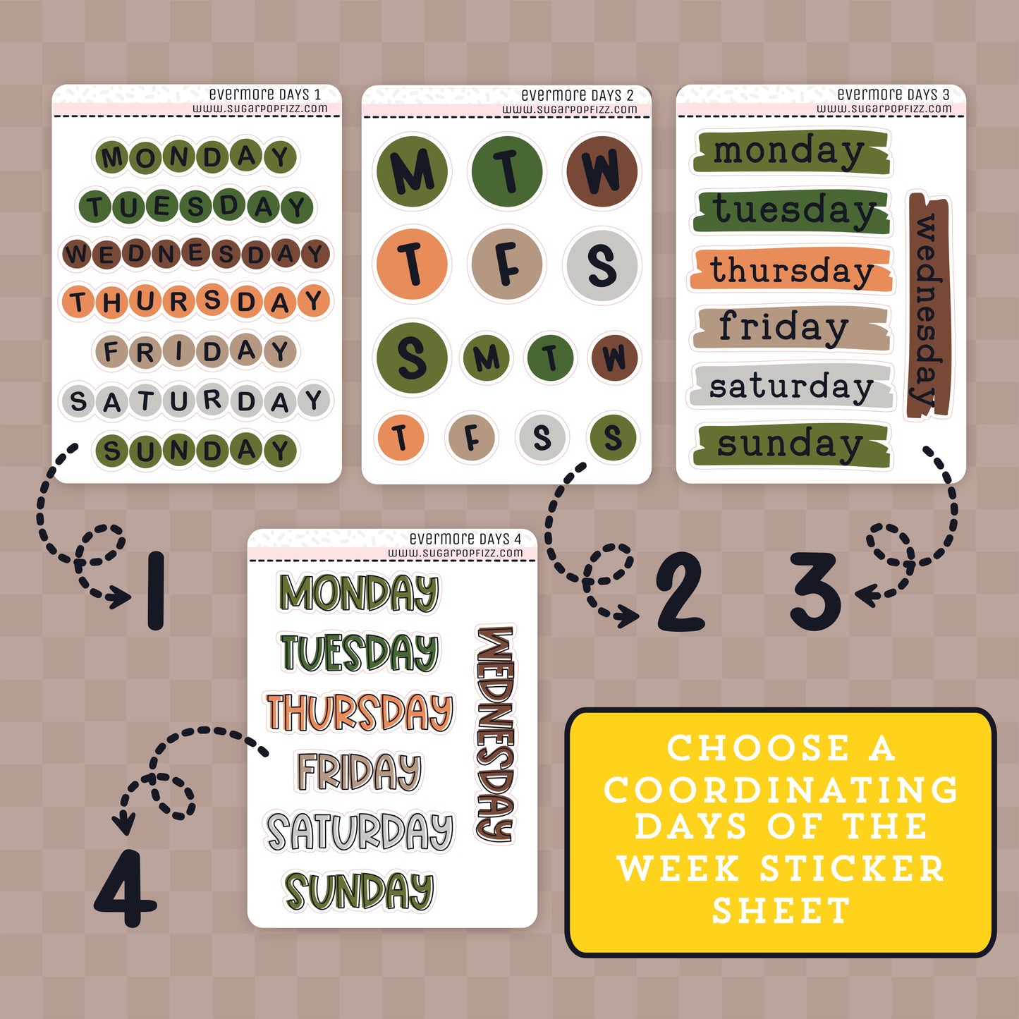 Set of days of the week stickers on a textured surface with text 'Choose a coordinating days of the week sticker sheet'. Sheet 1 is a string of circle stickers that spell out the days of the week with one letter in each circle. Sheet 2 is a set of two circles with that first letter of each of the days of the week. Sheet 3 is a paint swatch the days of the week in a typewriter font on each paint swatch. Sheet 4 is all capital text with a black offset outline that creates a slight shadow on each of the days