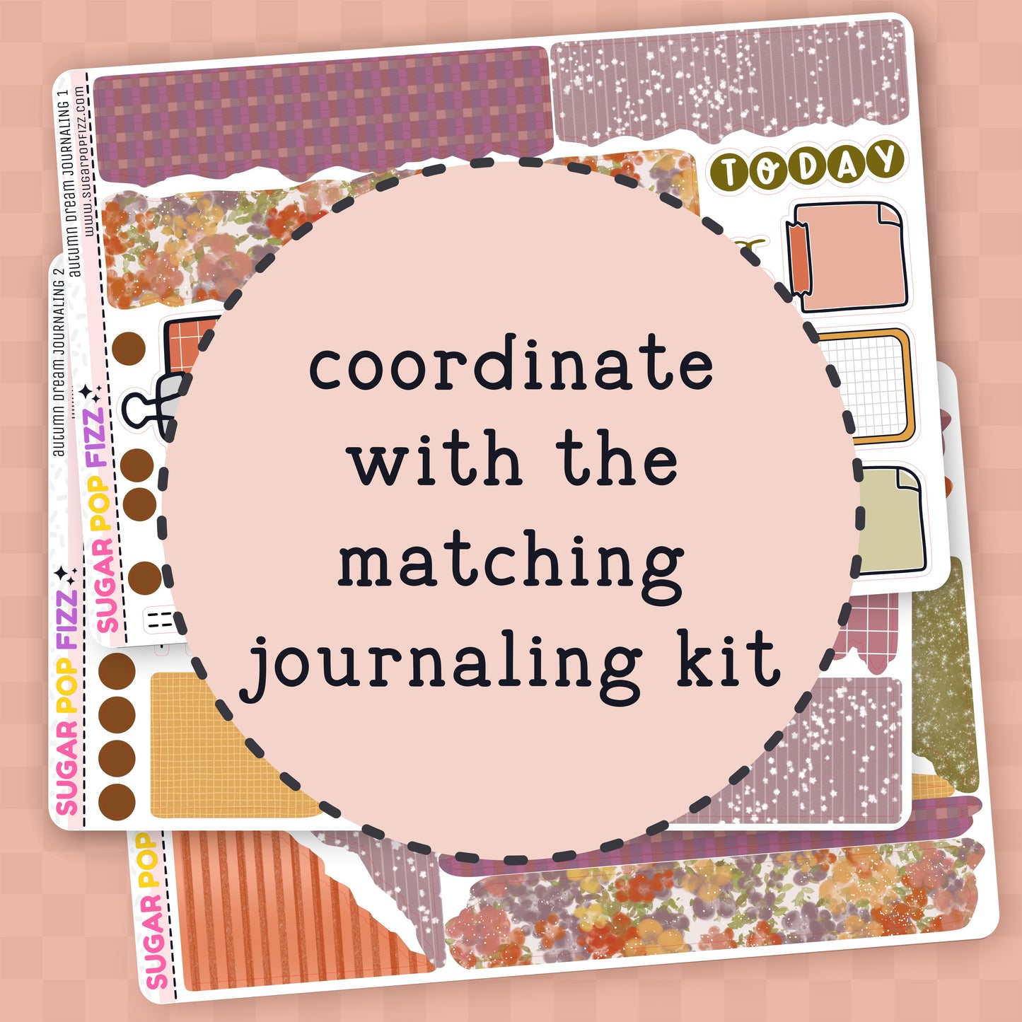 Sticker sheet with text 'coordinate with the matching journaling kit' on a pink background