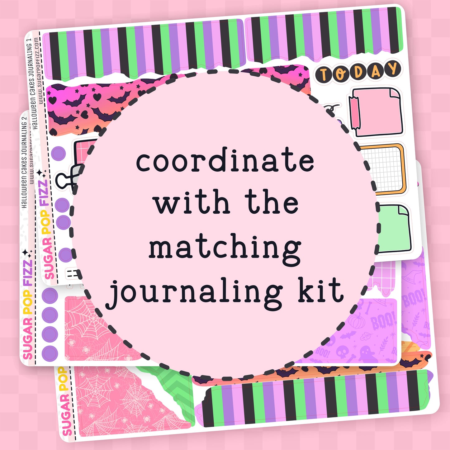 Decorative planner stickers with text on a pink background