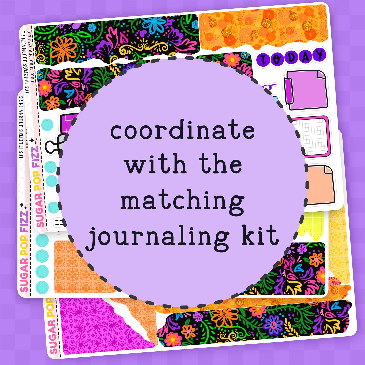 Colorful planner stickers with text on a purple background