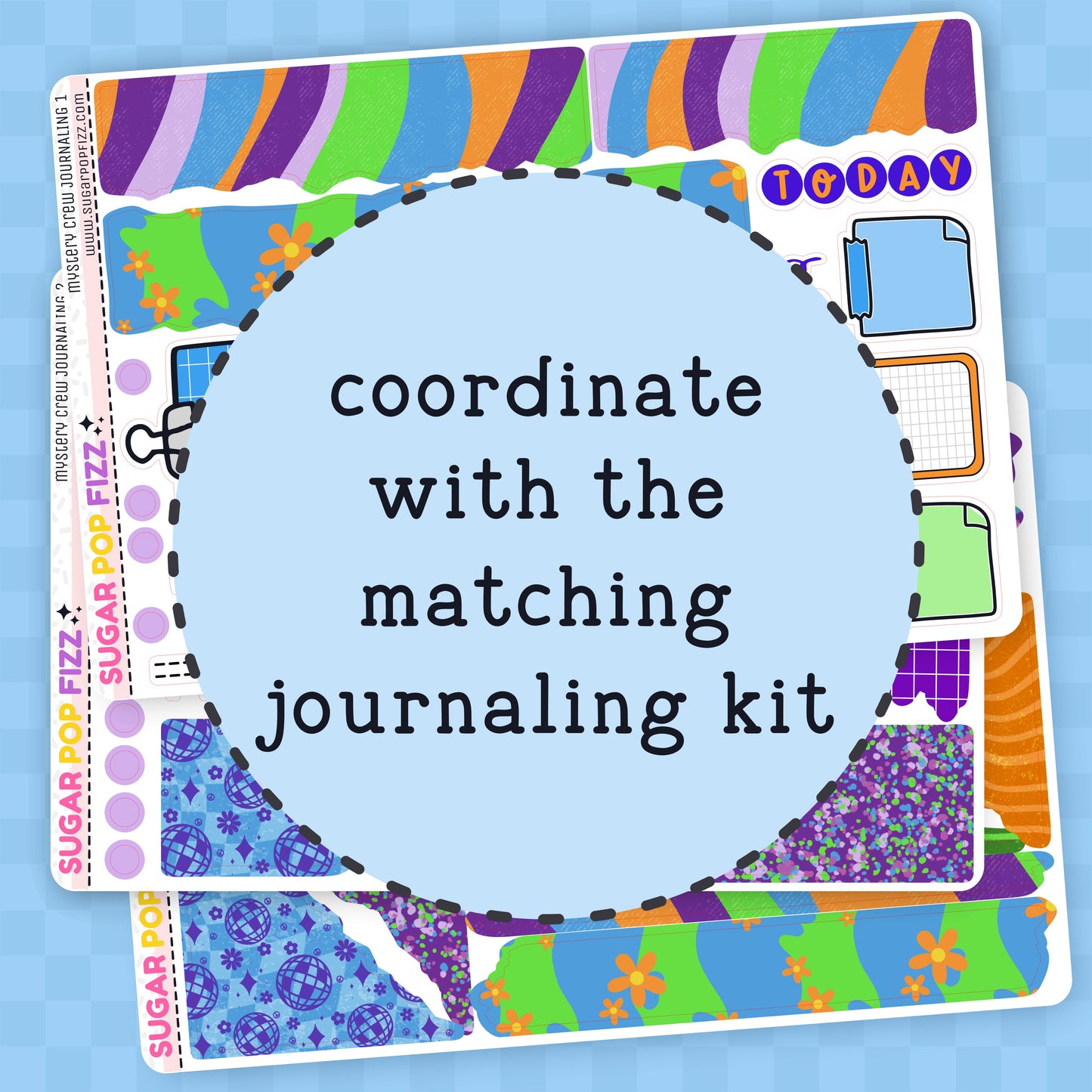 Colorful planner stickers with text on a blue background