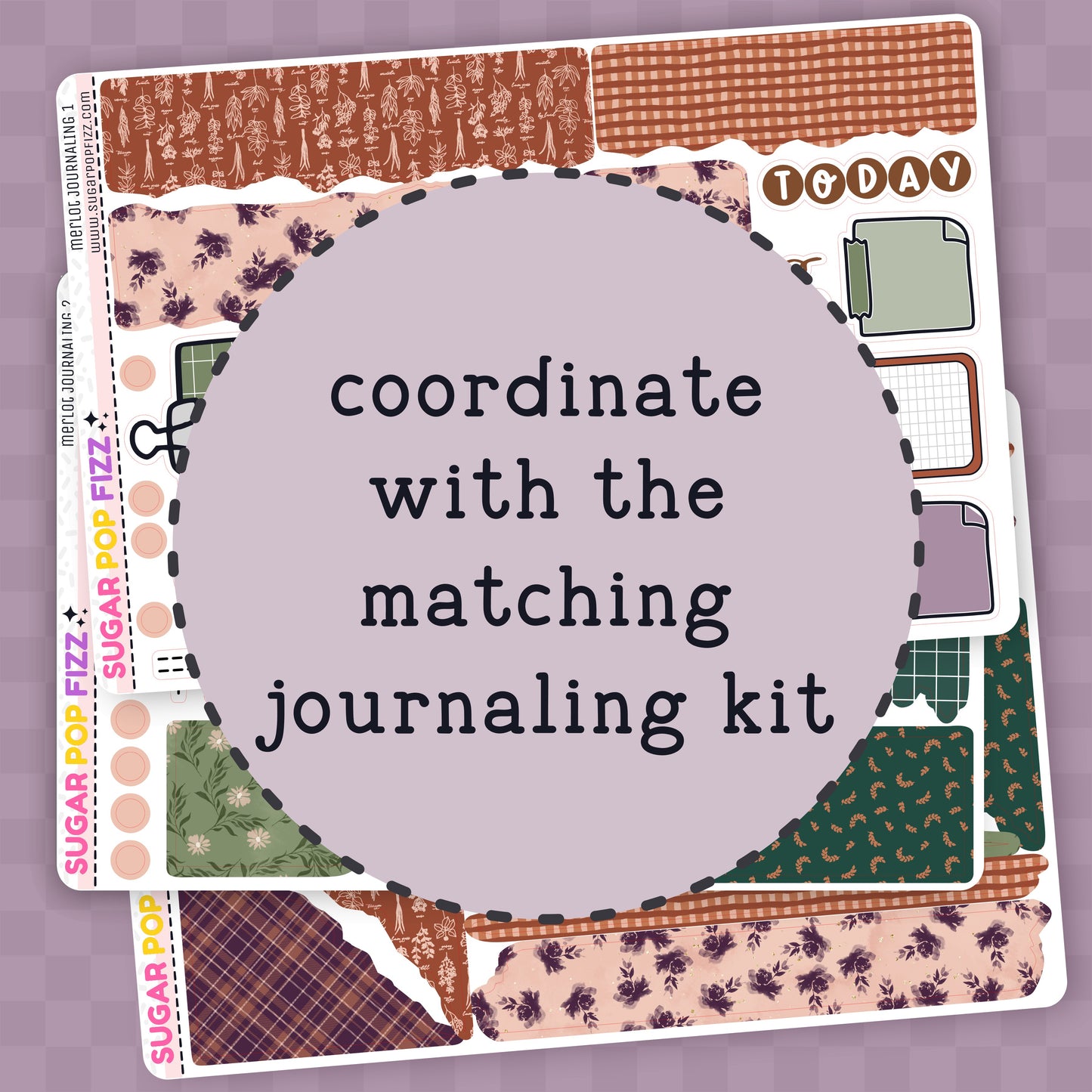 Sticker sheet with text 'coordinate with the matching journaling kit' on a purple background