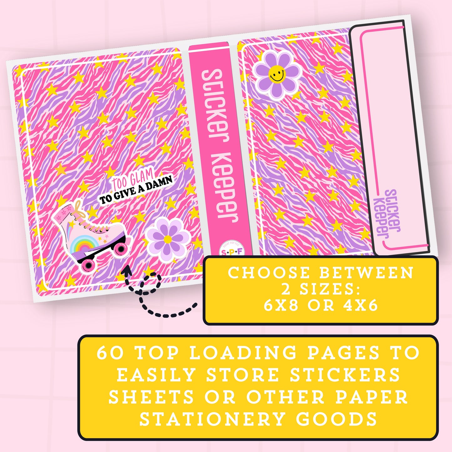 Sticker Keeper planner with colorful design on a pink background