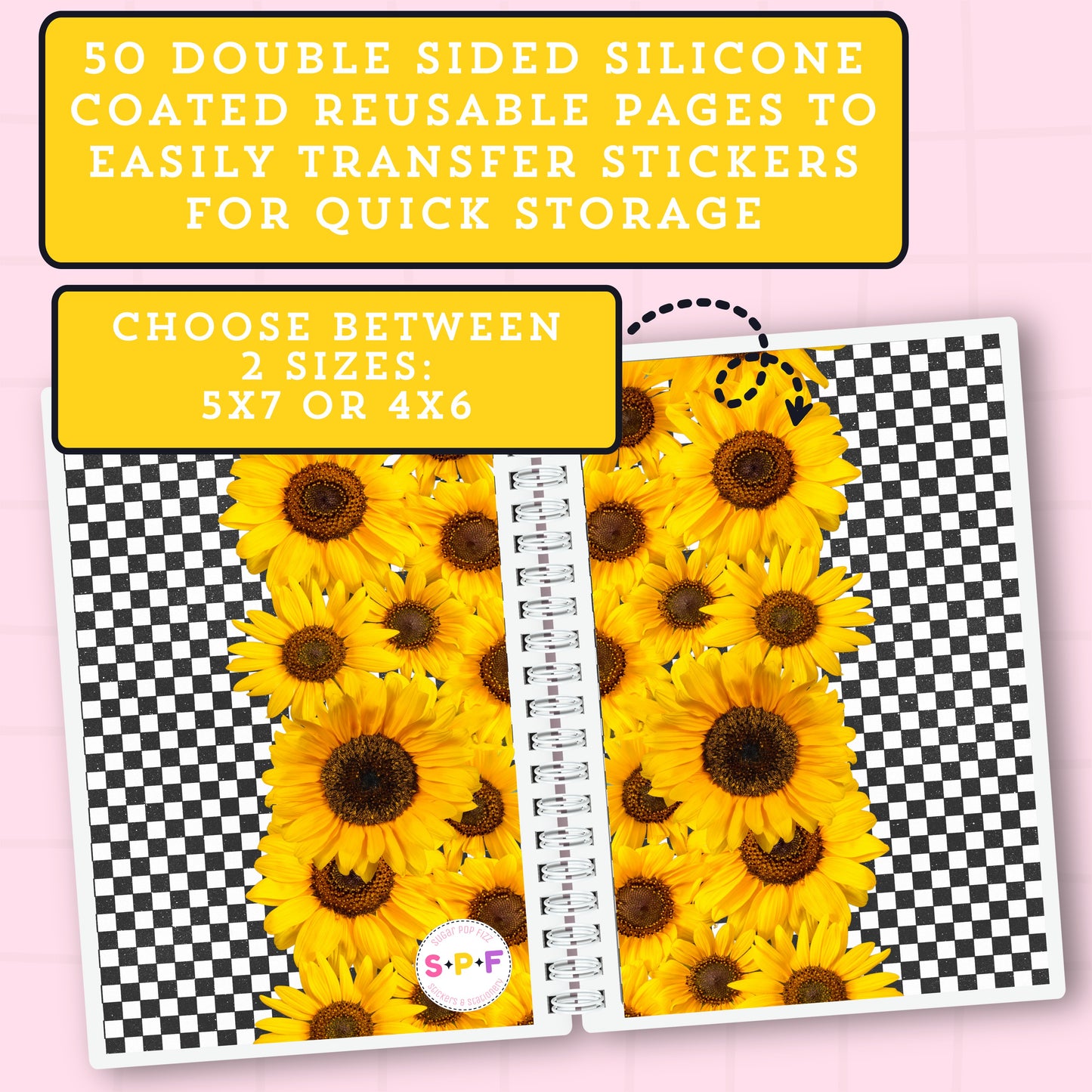 Reusable pages with sunflower design on a checkered background, featuring text about double-sided silicone coating.