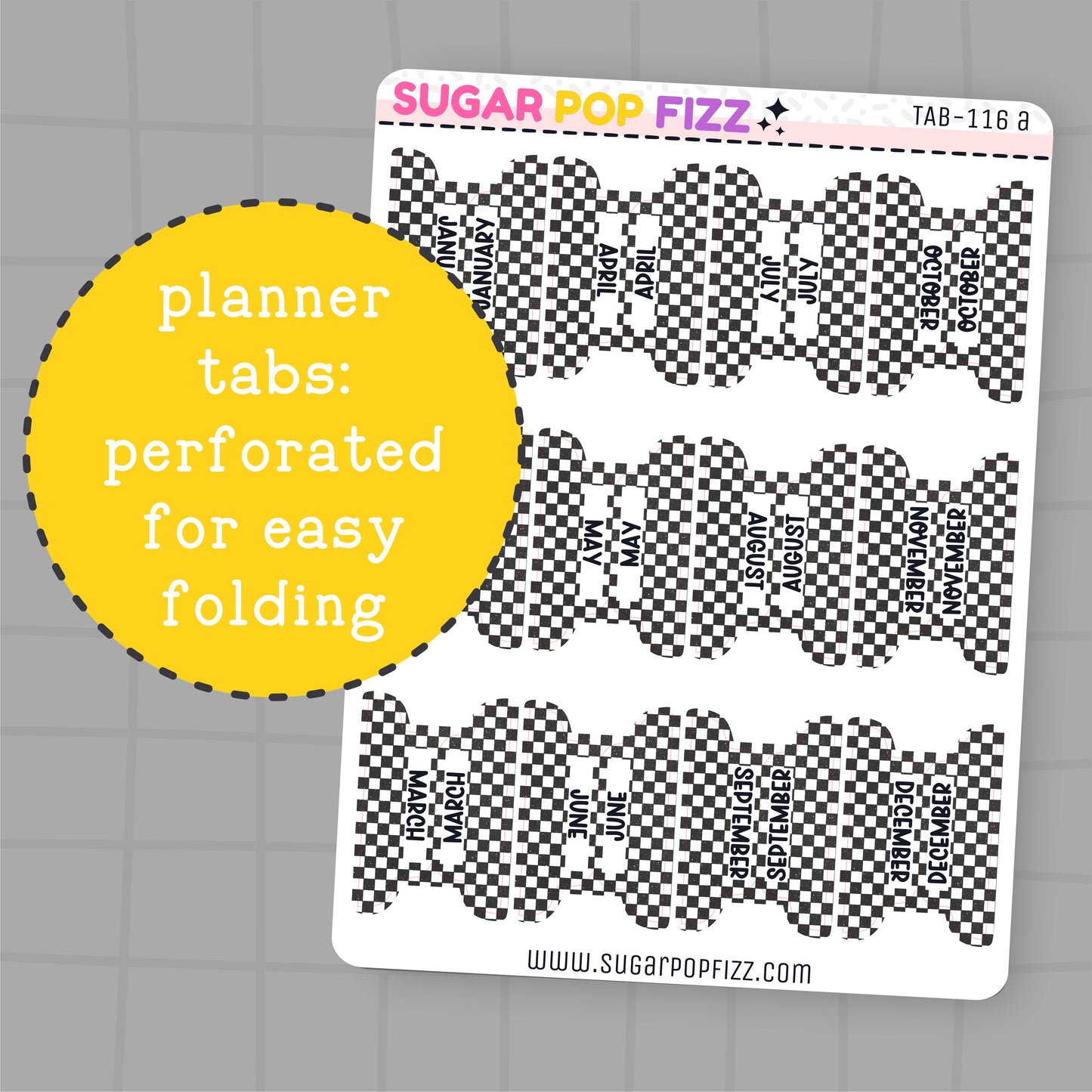 Planner tabs with checkered pattern and text on a gray background, featuring the brand 'SUGAR POP FIZZ'.