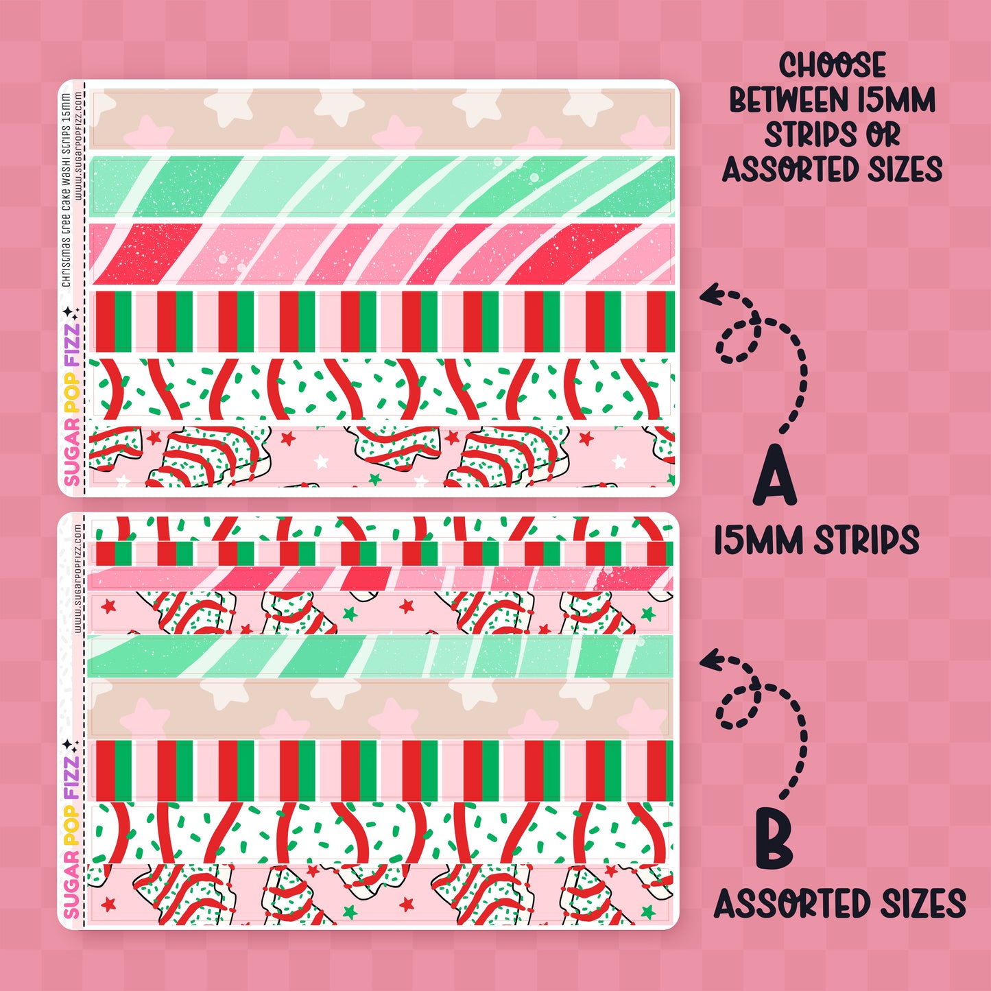 Set of washi tape strips with candy cane design on a pink background