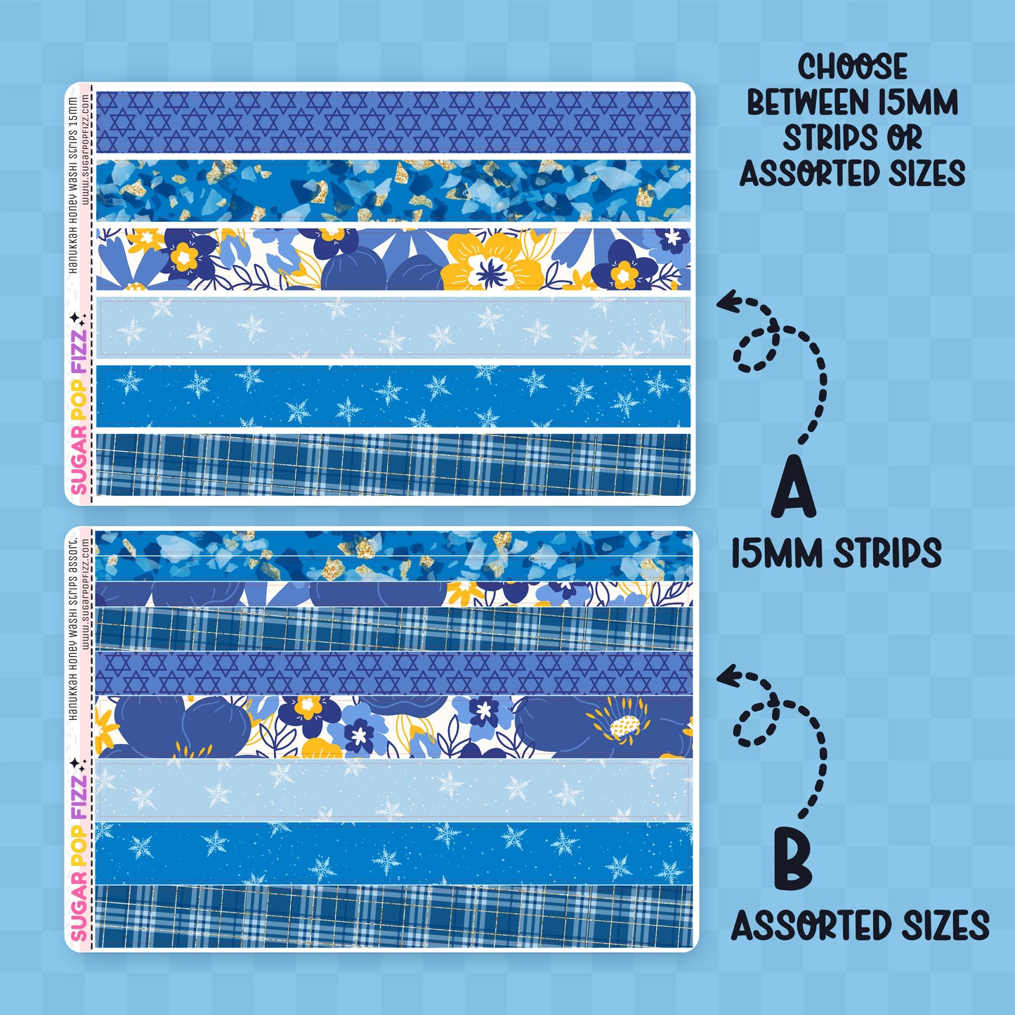 Set of blue patterned strips with text on a blue background