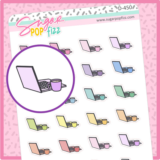 Laptop & Coffee Doodle Stickers - D450