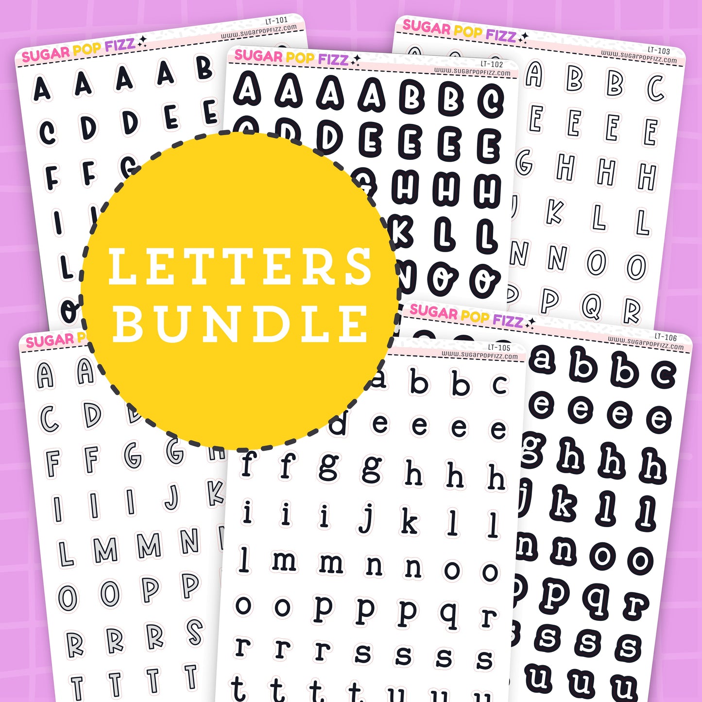 Four sheets of letter templates with a yellow circle and 'Letters Bundle' text on a pink background.