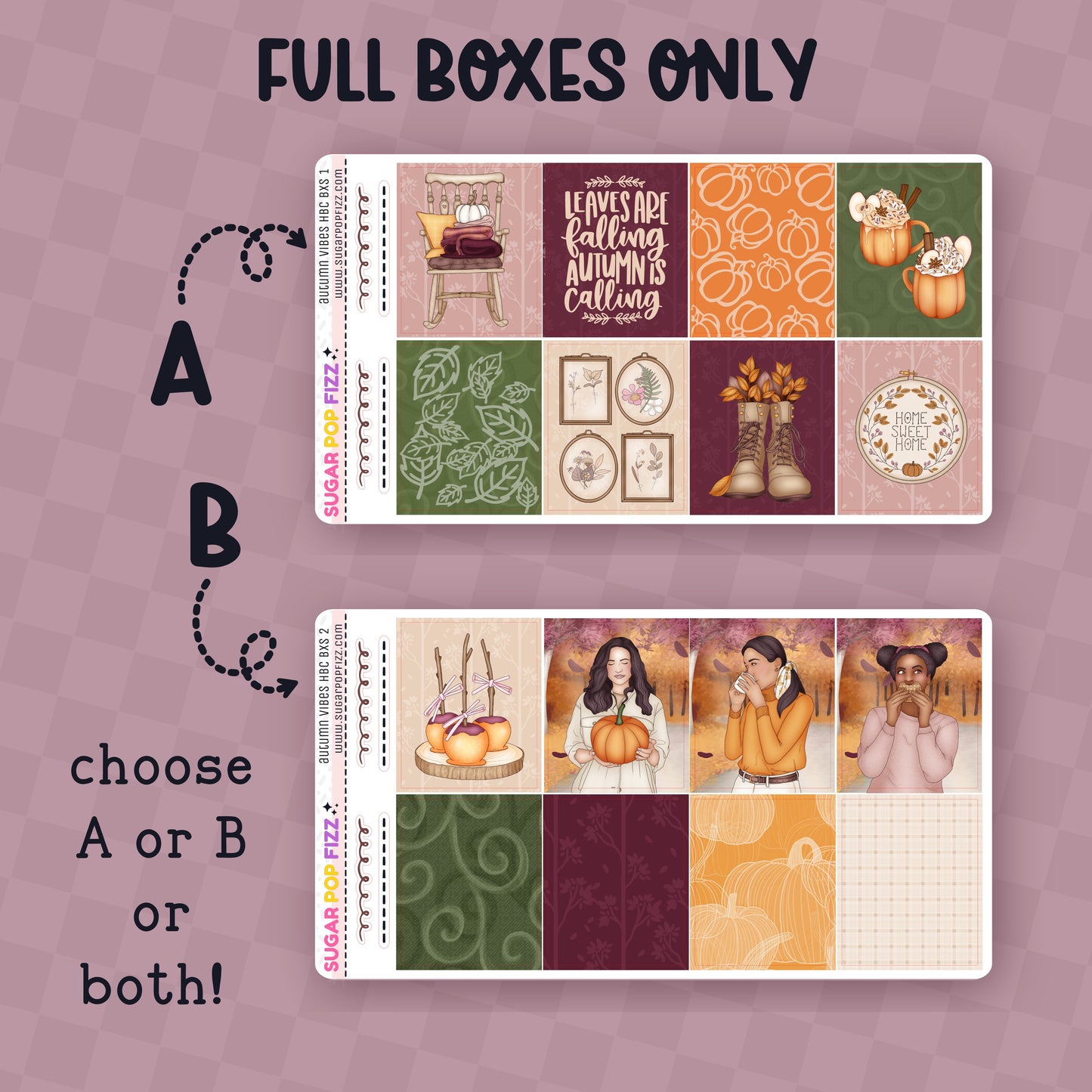 Two full boxes of autumn-themed stickers on a matching purple background with text.