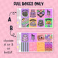 Halloween-themed sticker sheets with colorful designs on a pink background