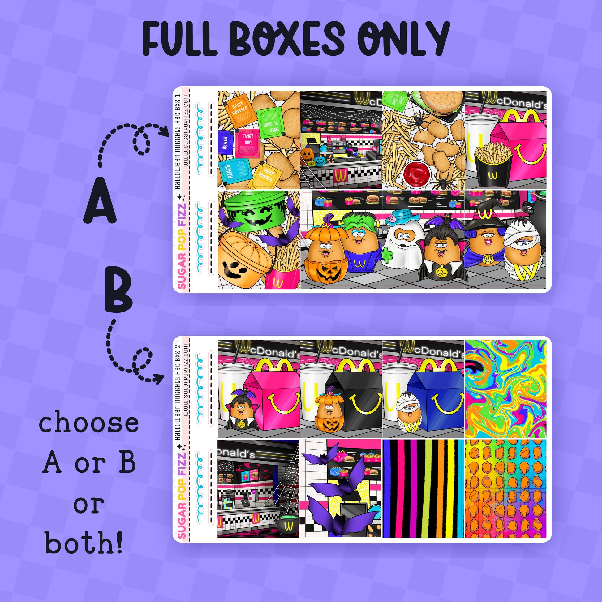 Two full boxes of colorful merchandise with McDonald's branding on a purple background.