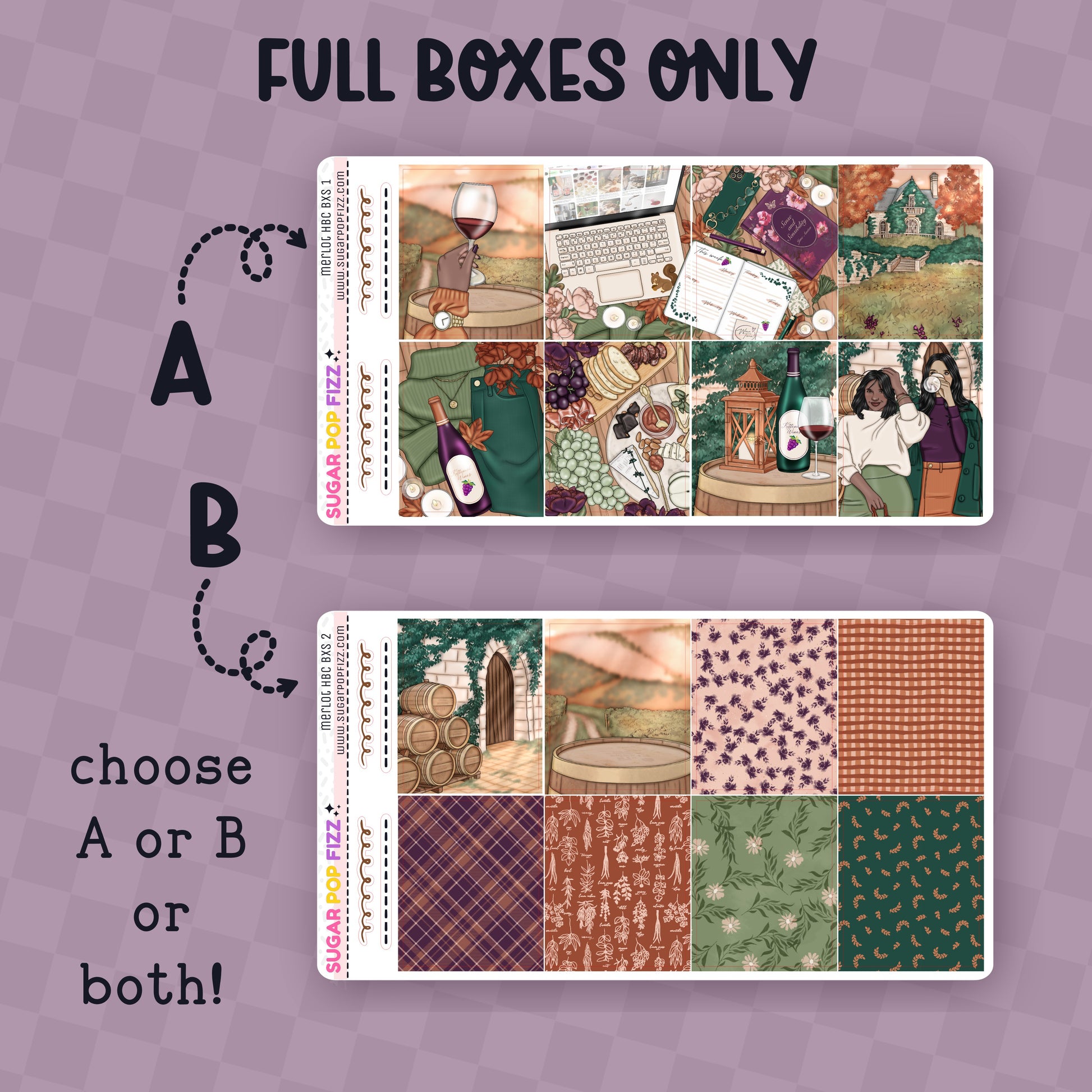 Two sets of planner stickers with various designs on a purple background.