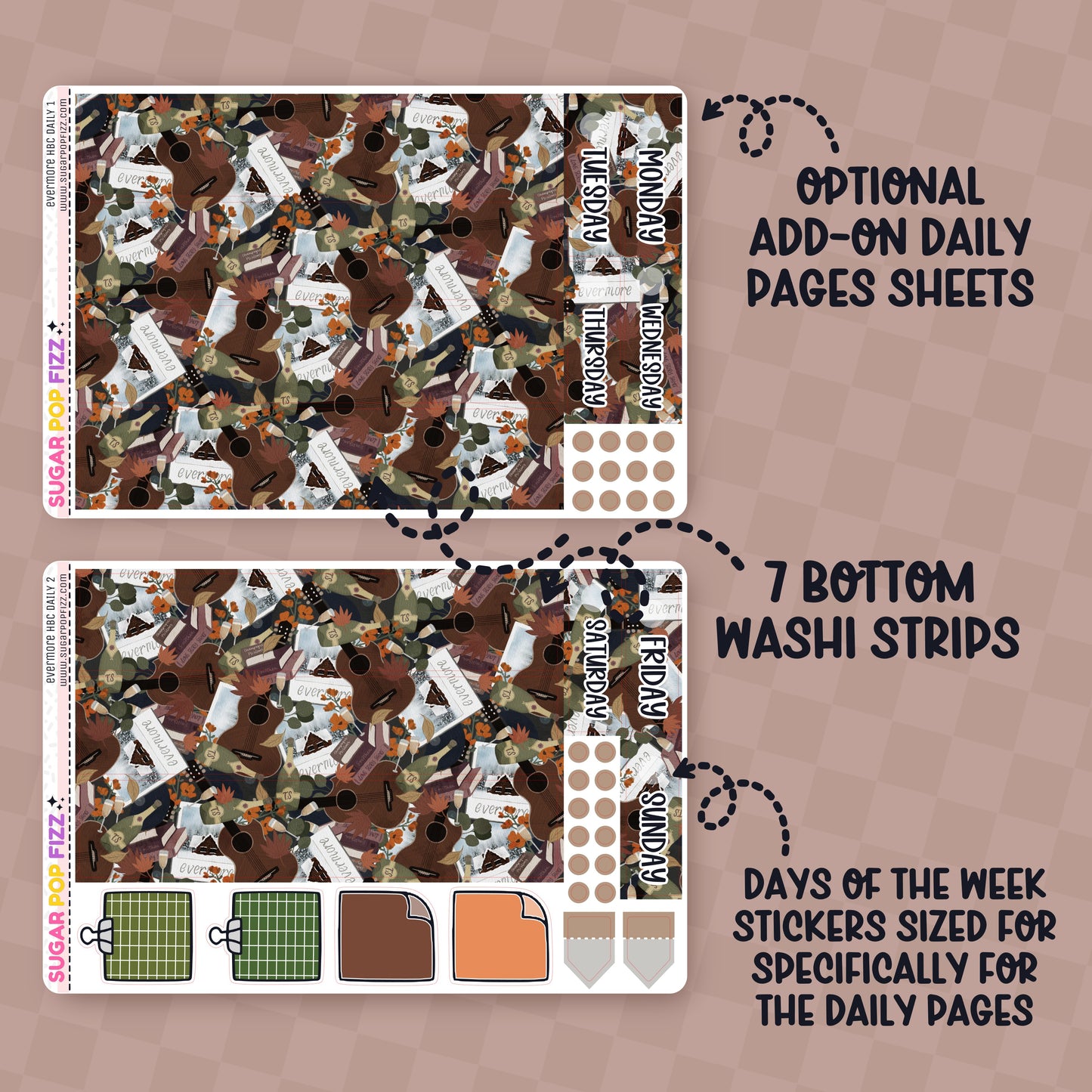 Collection of decorative stickers themed around taykor swift's evermore album on a beige background for the daily pages of a hobonichi cousin planner. Text that reads "optional add on daily pages sheets" and "7 bottom washi strips" and "days of the week stickers sized specifically for the daily pages" 