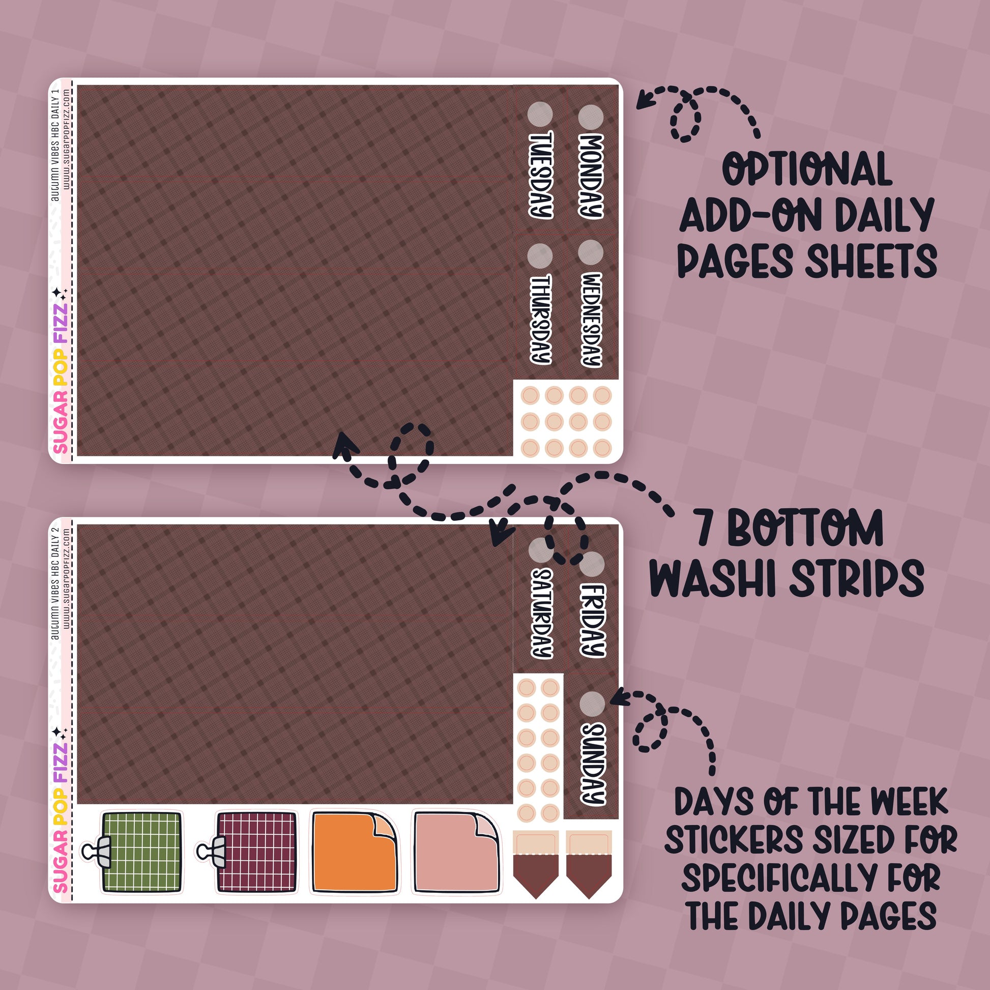 Sticker sheets with daily pages and washi strips on a purple background