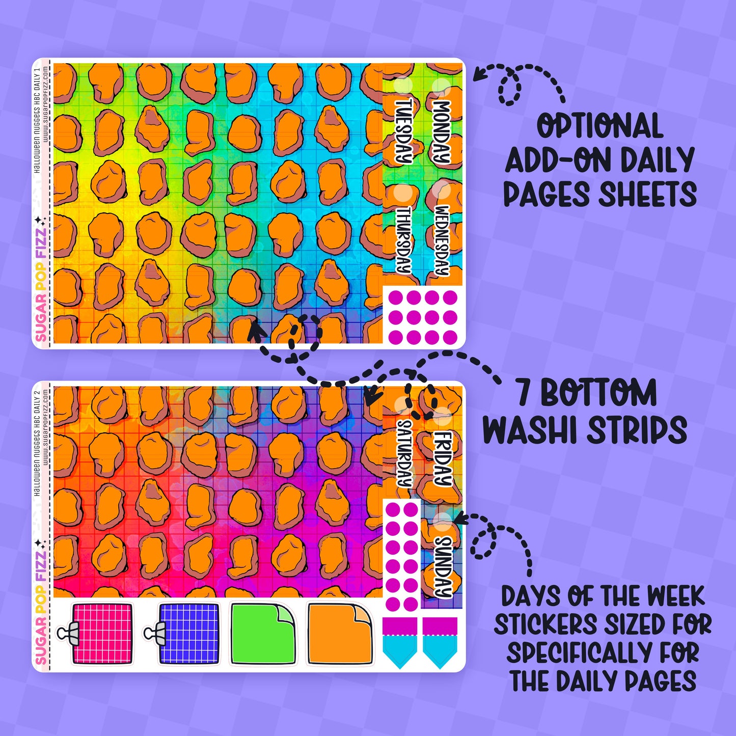 Colorful planner stickers with geometric patterns and text on a purple background