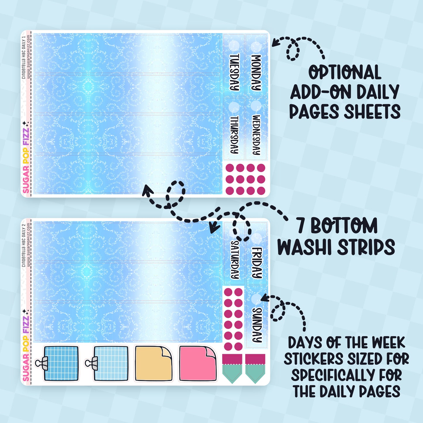 Collection of decorative stickers themed around the movie cinderella with blues, yellow, pinks and green on a blue background for the daily pages of a hobonichi cousin planner. Text that reads "optional add on daily pages sheets" and "7 bottom washi strips" and "days of the week stickers sized specifically for the daily pages" 