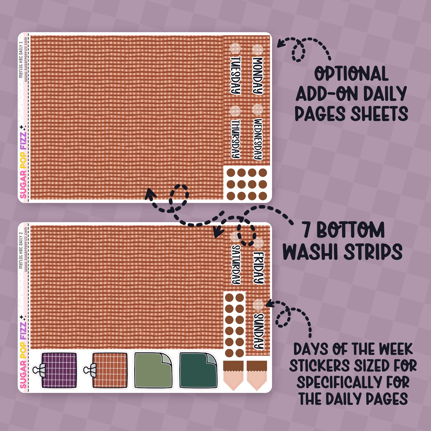 Planner stickers with days of the week and washi strips on a purple background