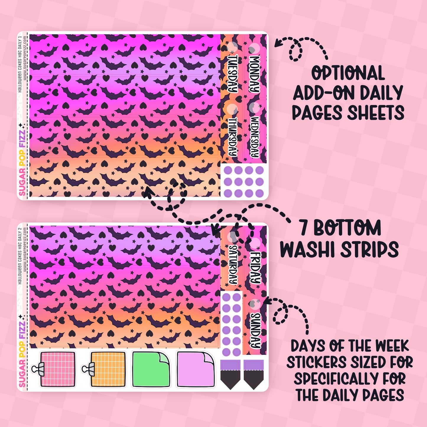 Sticker sheets with colorful design and text on a pink background