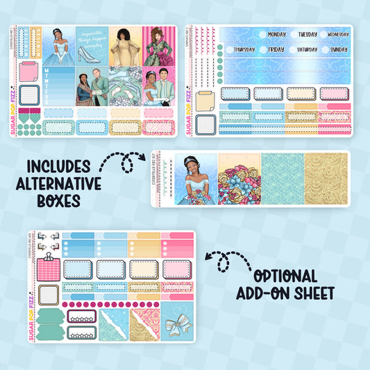 Collection of decorative planner stickers with various designs themed around the movie cinderella with brandy and whitney houston on a blue background.  Text that reads "includes alternative boxes" and "optional add on sheet". 