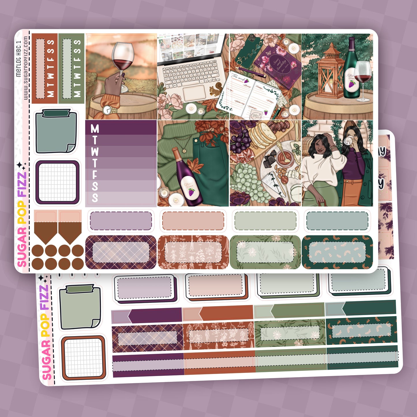 Sticker sheet with various designs on a purple background