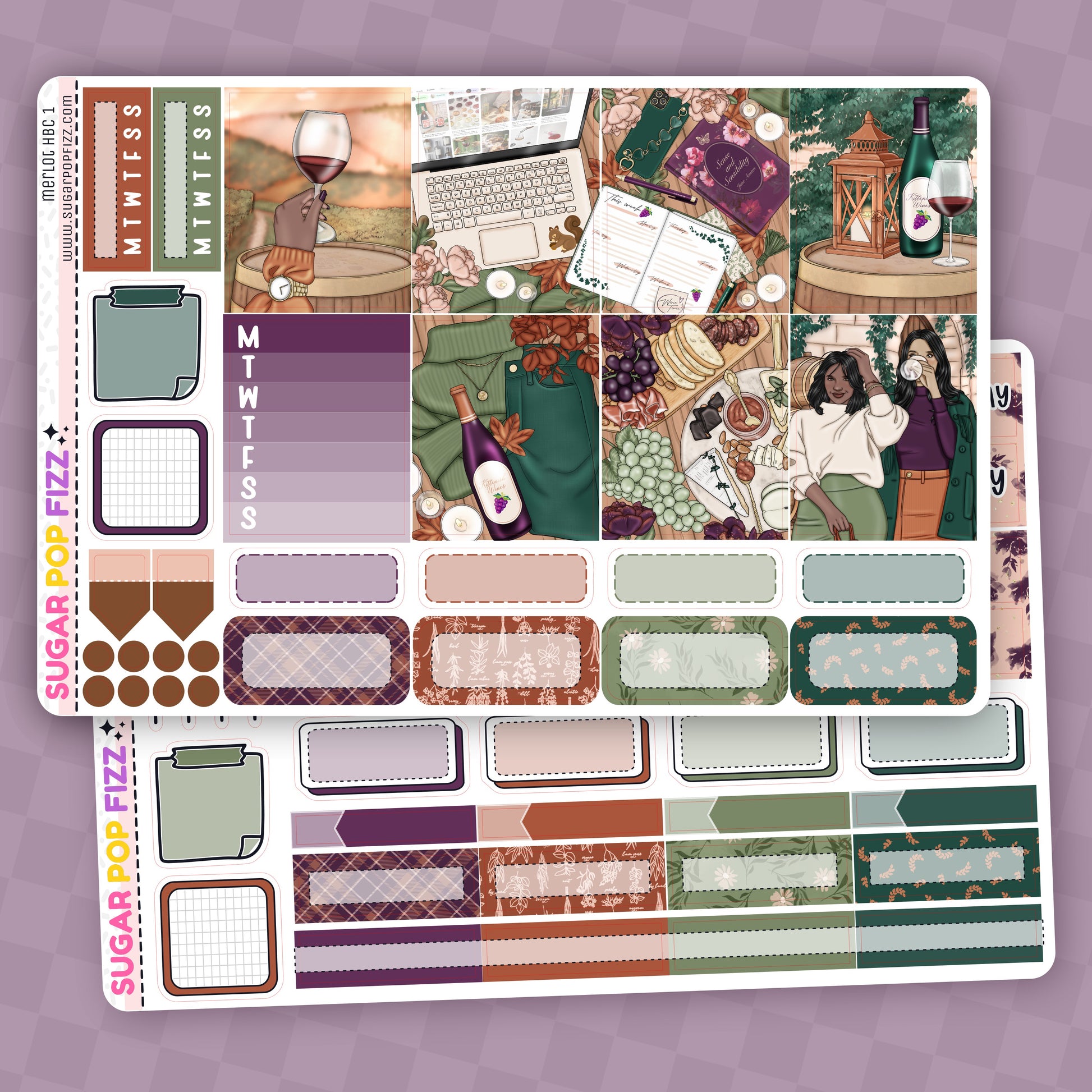 Sticker sheet with various designs on a purple background