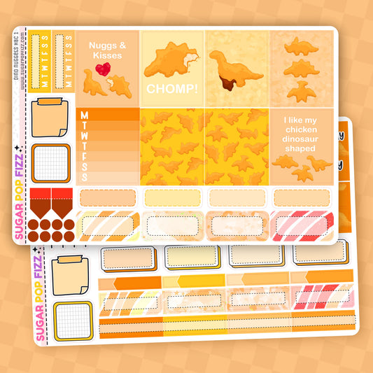 Sticker sheet with dinosaur-themed designs on a wooden surface